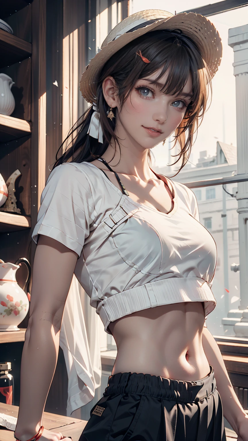24-year-old female、Sheer asymmetrical neck((asynmmetric neck))Wear tops、Wear low rise leggings、smile、View your viewers、Cross one&#39;s arms、Sexy proportions、Setback Heel((set back heel))Wear
