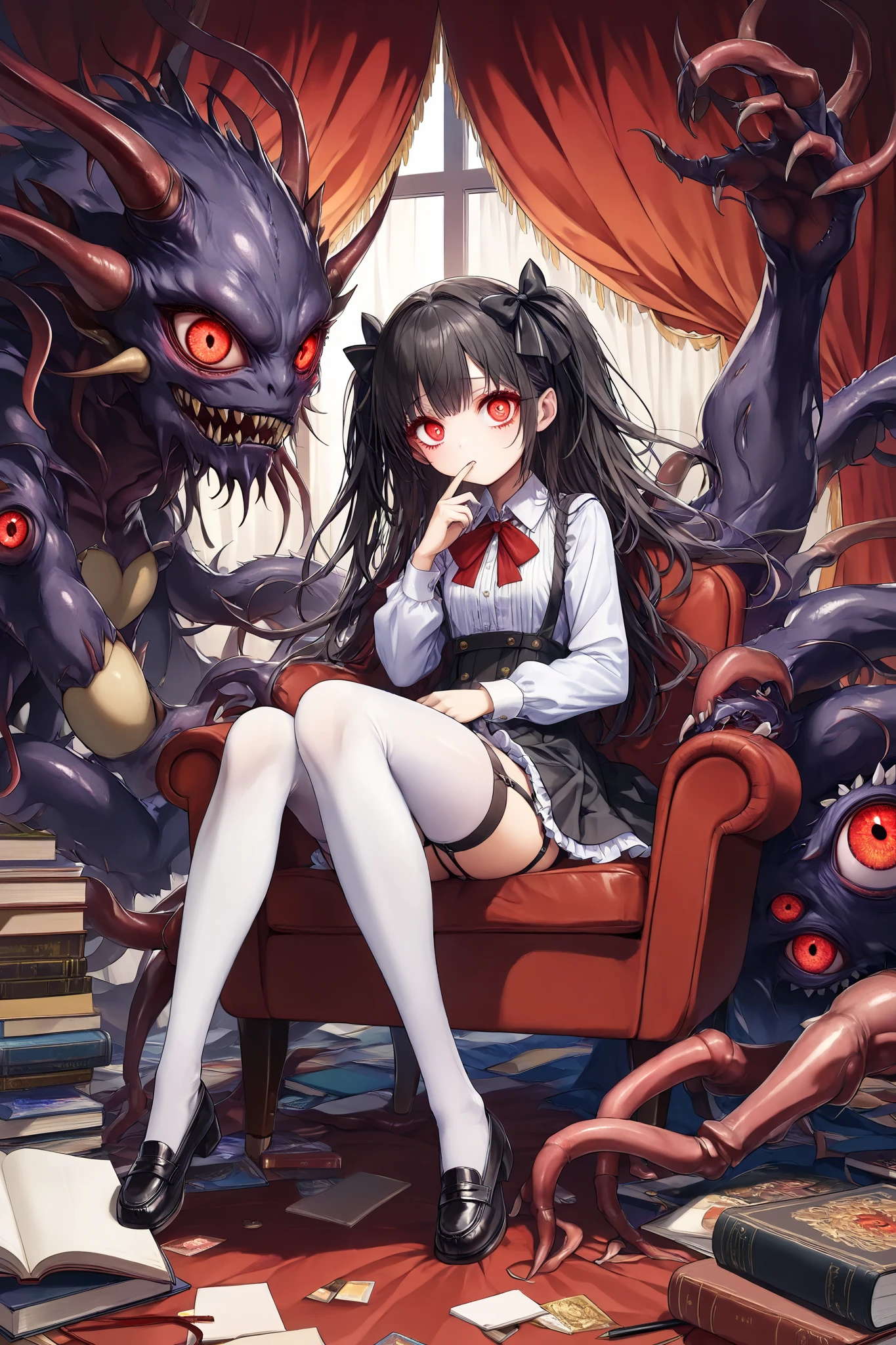 best quality, highly detailed, masterpiece, ultra-detailed, illustration,  1girl , full body, incredibly absurdres, wallpaper, artbook, real, indoor, chair, curtain, book, , queen, black hair, long hair, bangs, orange eyes, small breasts, white silk stocking, collared shirt , gothic loliloafers, garter straps, thighhighs, hair bow, crazy, sitting, shushing, crossed legs，(((( A monster with only human limbs and countless red eyes lying on its feet))))，