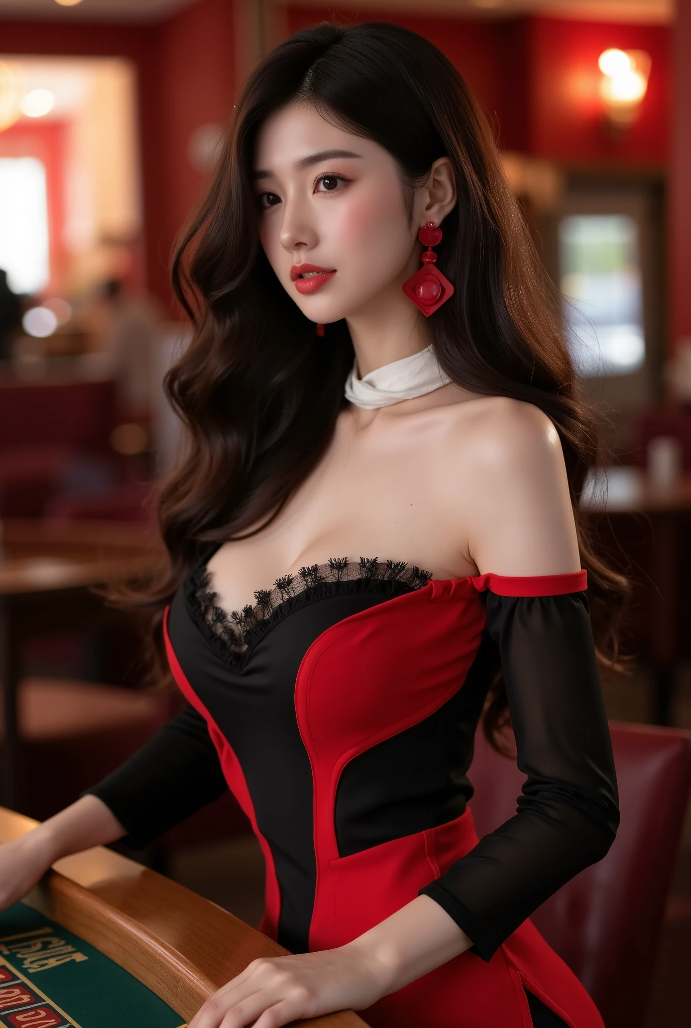 (realisitic、hight resolution:1.3)、1 girl with a perfect figure、Super thin face and eyes、long hair、), (red and black victorian style dress with skirt), (halloween holiday), in a cafe、smirk, coffee on table、Colossal tits、Exposed cleavage, 4k, hd, best quality,