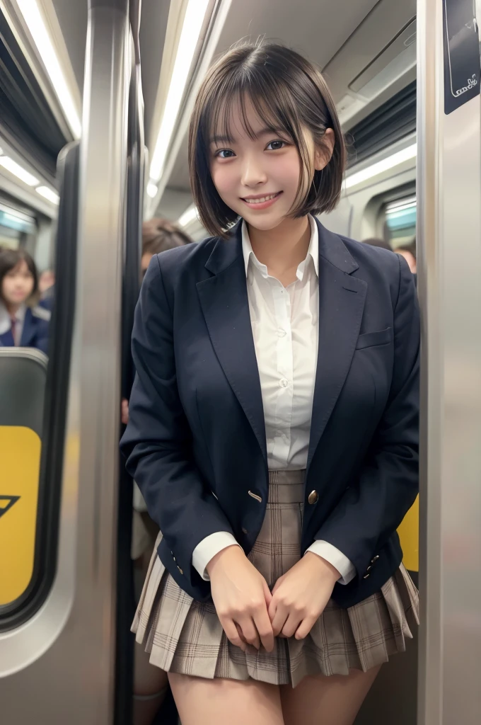 (((Sexy bust accent:1.75)))、(((Sexy Knee High:1.35)))、((((Sexy crotch accent:1.35)))、((((Spread your legs wide、Touching the thigh、There is a lot of pubic hair、large pointy breasts))))、((Boyfriend and girlfriend having sex in missionary position:1.5))、((Sexual pose:1.5))、((Spread legs POV:1.5))、、Browsing Caution、（Humans are biologically correct、reference） 、 lose extra limbsslim limbsextra numbersmutated hands and finger fusionfingersslim bad handslong necklong body anatomybad deformationbad deformation no extra breasts、Not Futanari、Highest quality, masterpiece, Ultra-high resolution, (reality: 1.4), Original photo, 1 female, mature, Smile, short hair, Plump body, , Cinema Lighting,　high school girl、uniform、blazer、ribbon、 Commuting Train、Crowded train、Packed