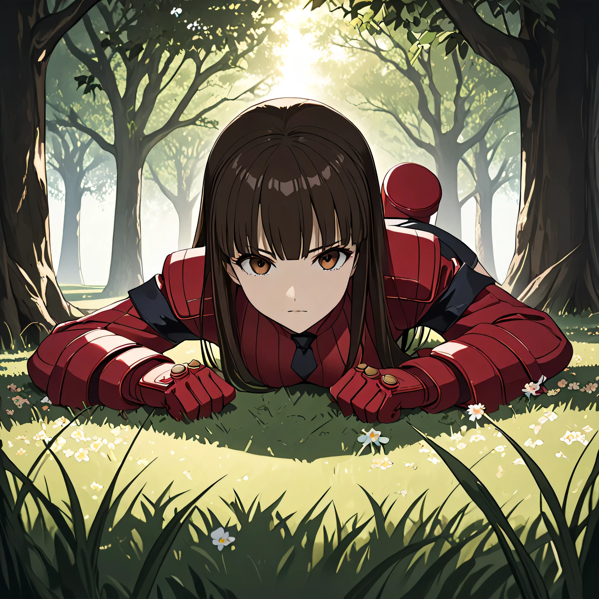 anime, (masterpiece), (best quality), (ultra-detailed), (best illustration), (best shadow), (absurdres), (detailed background), (very aesthetic), shiny, detailed beautiful eyes, outstanding, countershading, detailed soft lighting, an exquisite animation illustration, 1girl, solo, anheang, Dollsuit, thighthigh, dark persona, empty eyes, expressionless, blank eyes, looking at viewer, red gloves, full body, emotionless, Fighting Stance, hair ornament, medium breast, konoe_k, long hair, dark brown hair, bangs, brown eyes, (((lying down, grass, flowers, tree, natural lighting, submissive pose, seductive pose)))