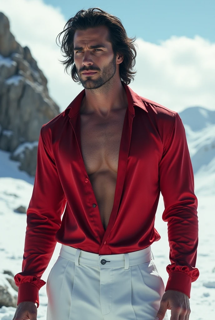 Real image of a handsome Turkish man model 30 years old without shirt, with a black fur coat, wearing white pants tailor posing sexy with looking serious at camera. a mountain stream behind, arid and snowy area. Landscape of Mendoza Argentina.