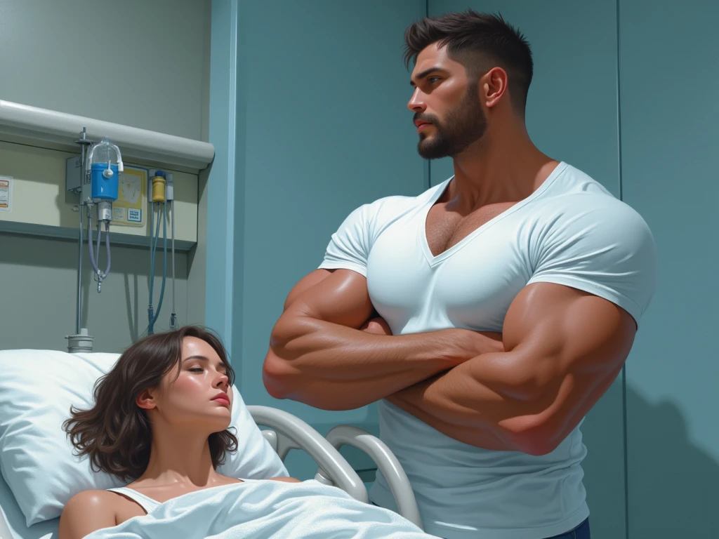 A muscle man, wearing a diaper, pee inside, a woman take a diaper try to change the muscle man, the muscle poo inside the diaper, and bitting the nipple