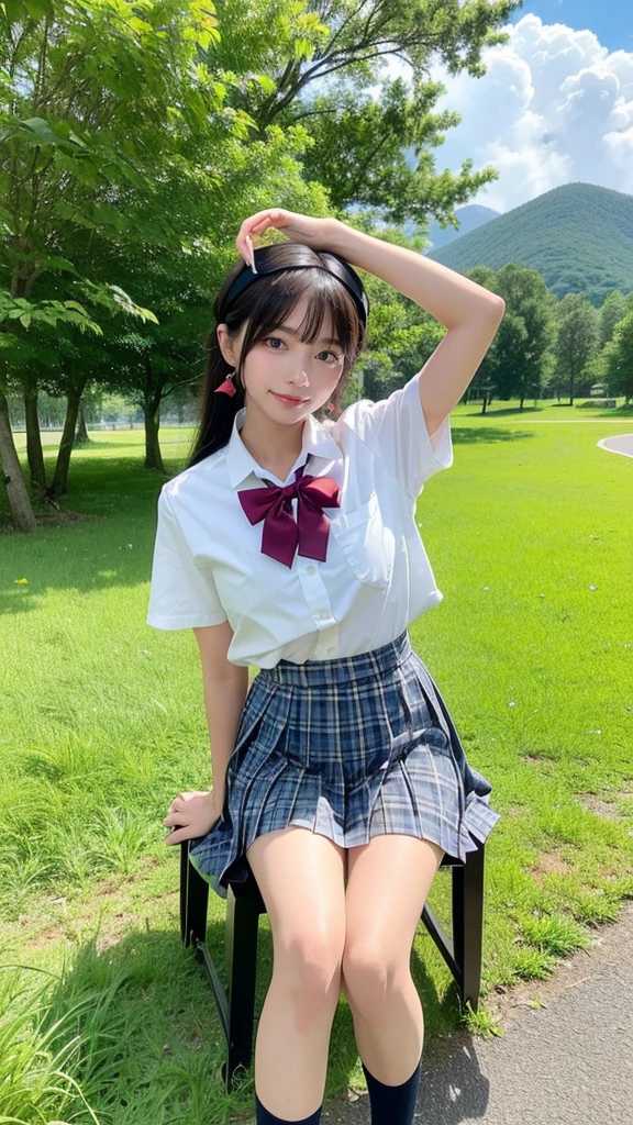 Ecstatic expression, Cute junior high school girl, Looking at me, Sexy face, Big breasted, On the swing, Mini skirt