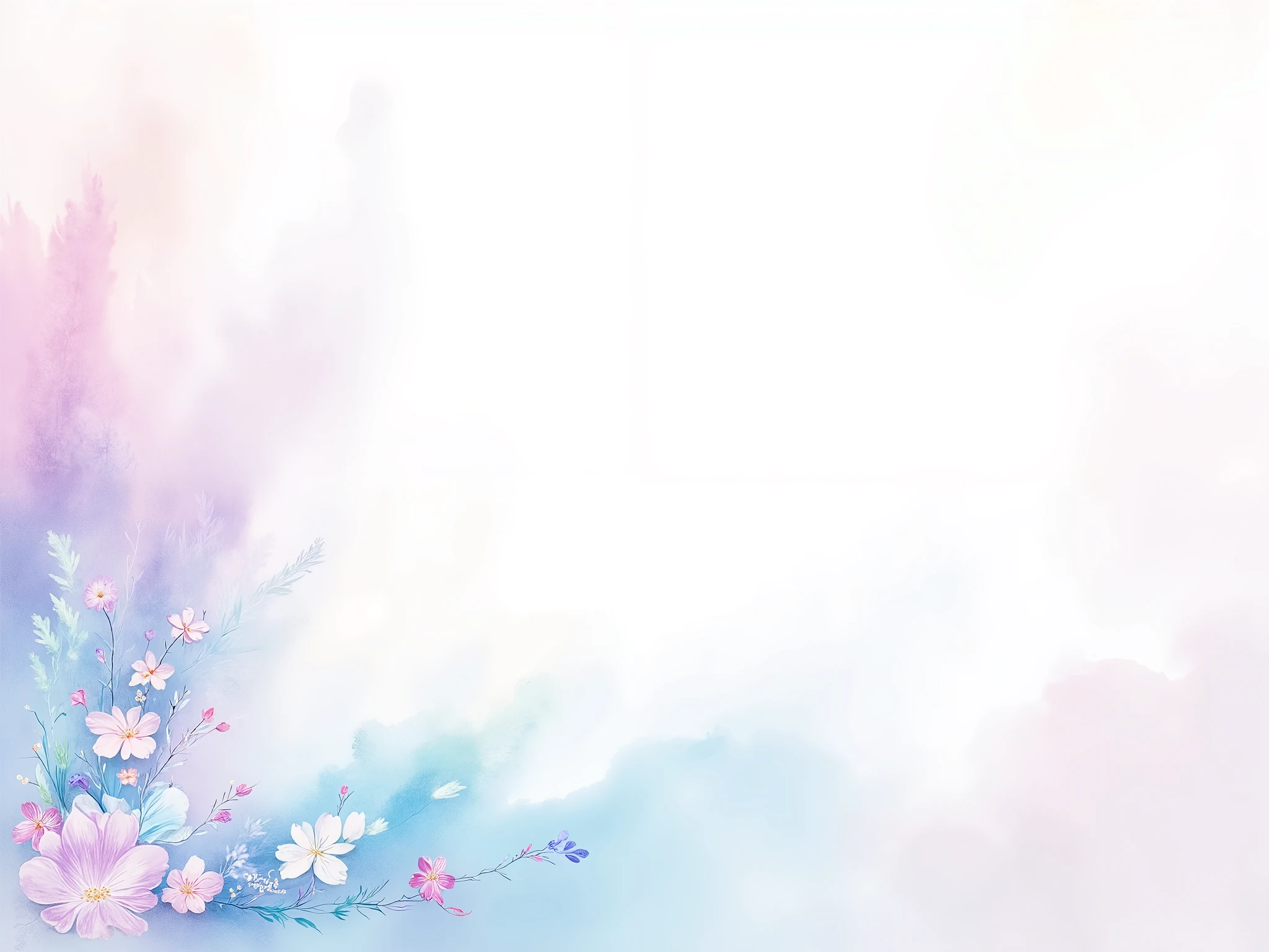 The overall composition uses gradients and smooth lines .template design. sky blue .light pink, Mint green , Lavender , design uses pastel tones like , Delicate flowers, umbrage, Avoid overly complex details inspired by nature, such as soft clouds {x} Embed by placing it on the side of the border in a smaller size. Secures enough margin for text placement . Independent finish without getting caught by screen borders . style should be modern and fresh, and the , Clean and minimal vector style illustrations for presentation backgrounds .The image is isolated within the screen ! has a soft and peaceful spring vibe .