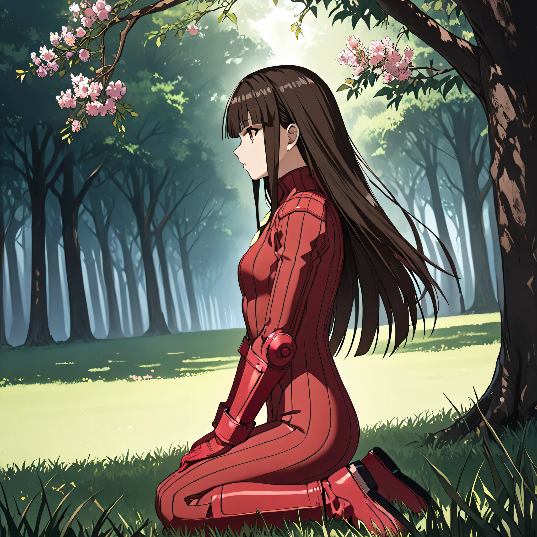 anime, (masterpiece), (best quality), (ultra-detailed), (best illustration), (best shadow), (absurdres), (detailed background), (very aesthetic), shiny, detailed beautiful eyes, outstanding, countershading, detailed soft lighting, an exquisite animation illustration, 1girl, solo, anheang, Dollsuit, thighthigh, dark persona, empty eyes, expressionless, blank eyes, looking at viewer, red gloves, full body, emotionless, Fighting Stance, hair ornament, medium breast, konoe_k, long hair, dark brown hair, bangs, brown eyes, (((sitting, kneeling, grass, flowers, tree, natural lighting, from side, looking from side, view from side)))