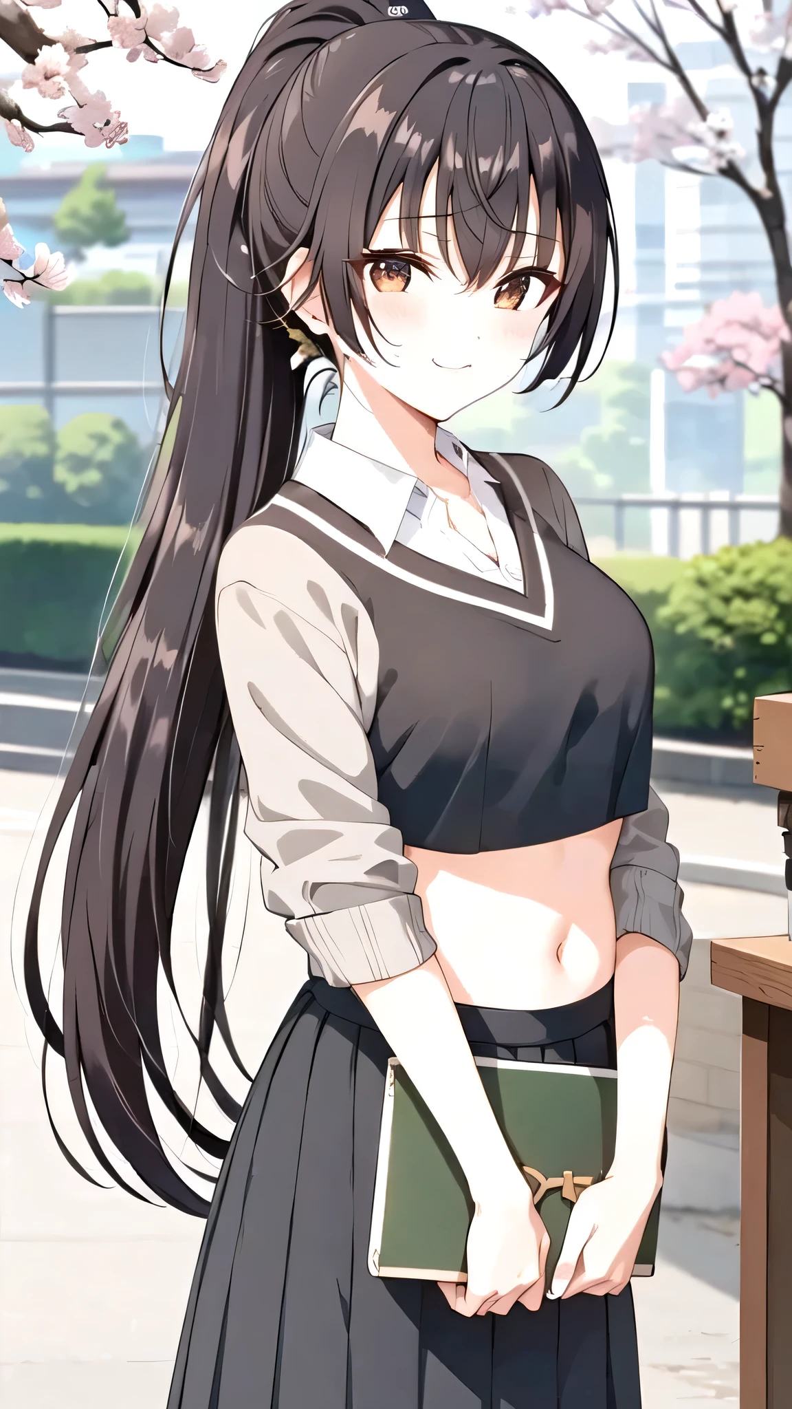 upper body, 1girl,Black hair, long hair, ponytail, bangs,, medium breast, (( sweater, crop top, Skirt)), (Background : Japanese festival, sakura tree, )