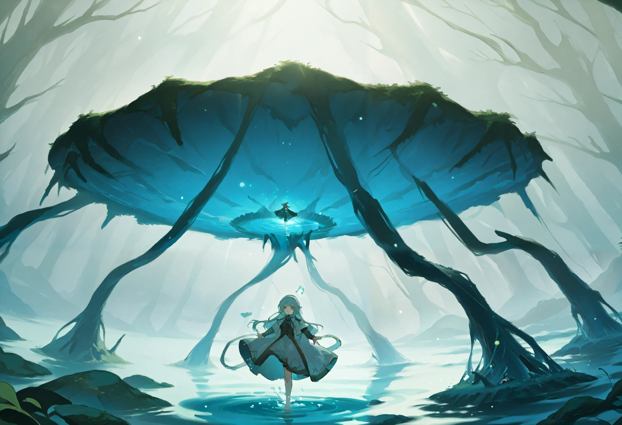   I encounter in the clearing of an ancient forest  ,    in which the light of dusk filters through the branches and caresses an interrupted pool of crystalline water   ,    so immovable and perfect like the one emanating from a forgotten mirror   .    In the center of the pond is an ancient stone altar   ,    polished over the centuries and marked by the inexorable passage of time   .    On it rests a sword chained   : your sword  ,  forged in ice   ,    shines with an icy glow that seems to defy the warmth of the environment   ,    while its handle   ,    made of violet crystal   ,    mystical flashes that mesmerize the sight   .

   that floats on the altar   ,    suspended in an ethereal dream   ,    stands a translucent hexagonal prison   .    Inside this almost dreamlike structure   ,    lies in a reclining position   .    With her body lying delicately   ,    her eyes and hair   ,    of a penetrating ice blue   ,    radiate an enigmatic calm   .    The creature seems immersed in a state of contemplation   ,    as if immemorial secrets were kept or waiting for the moment of an awakening   .

   The environment is charged with a deep silence   ,    by the soft murmur of the water and the flickering of the fireflies that dance in the Darkness  ,    that projects subtle flashes on the scene   .   Each element —the icy sword   ,   the violet handle   ,  ,  the solitary altar and the hexagonal prison that guards the being- are intertwined in a visual story of mystery and magic.,   suspended in time  ,    inviting you to discover a story of forgotten legends and unexplored destinations   .