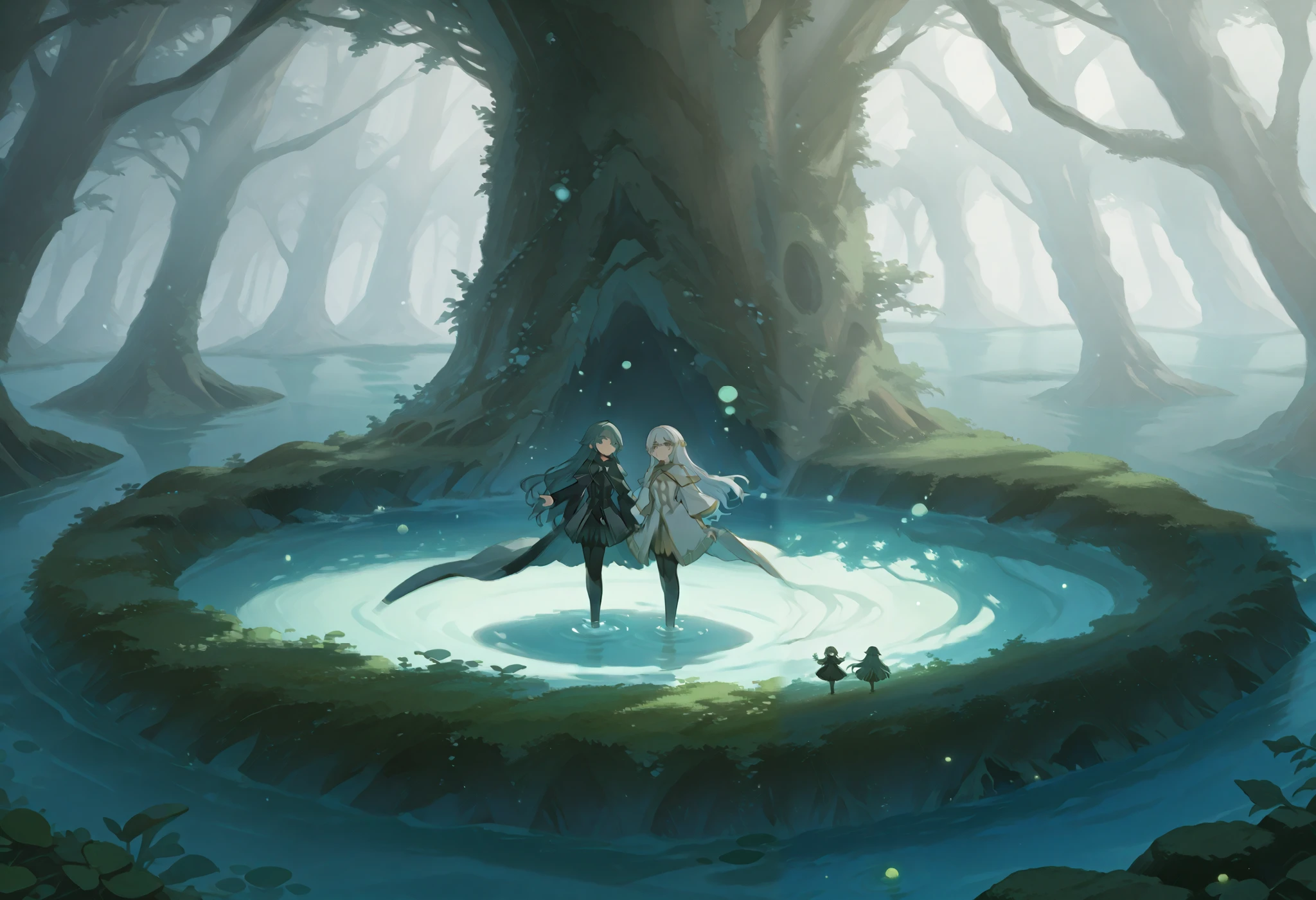 I encounter in the clearing of an ancient forest , in which the light of dusk filters through the branches and caresses an interrupted pool of crystalline water , so immovable and perfect like the one emanating from a forgotten mirror . In the center of the pond is an ancient stone altar , polished over the centuries and marked by the inexorable passage of time . On it rests a sword chained : your sword , forged in ice , shines with an icy glow that seems to defy the warmth of the environment , while its handle , made of violet crystal , mystical flashes that mesmerize the sight .
that floats on the altar , suspended in an ethereal dream , stands a translucent hexagonal prison . Inside this almost dreamlike structure , lies in a reclining position . With her body lying delicately , her eyes and hair , of a penetrating ice blue , radiate an enigmatic calm . The creature seems immersed in a state of contemplation , as if immemorial secrets were kept or waiting for the moment of an awakening .
The environment is charged with a deep silence , by the soft murmur of the water and the flickering of the fireflies that dance in the Darkness , that projects subtle flashes on the scene . Each element —the icy sword , the violet handle , , the solitary altar and the hexagonal prison that guards the being- are intertwined in a visual story of mystery and magic., suspended in time , inviting you to discover a story of forgotten legends and unexplored destinations .
