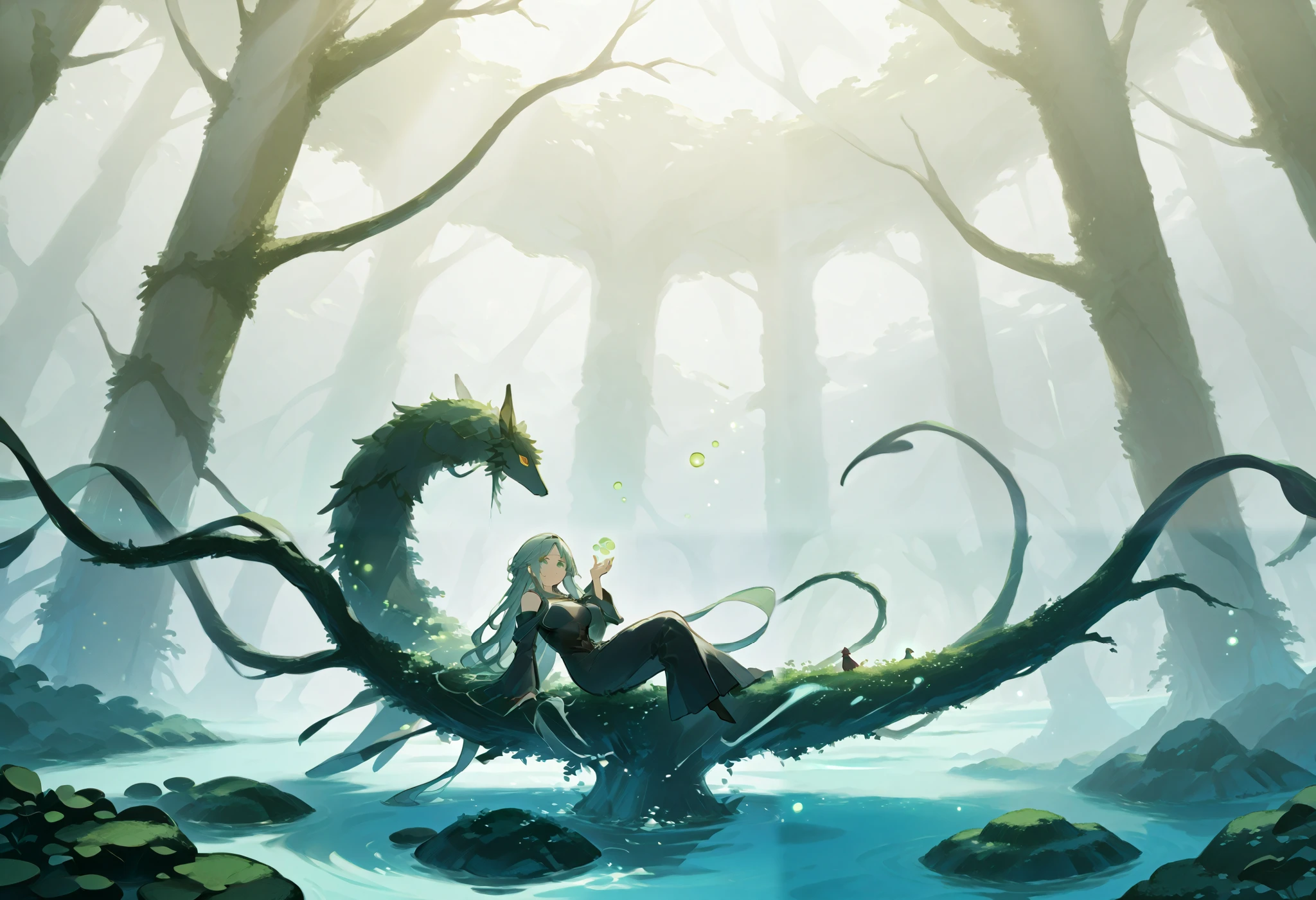 I encounter in the clearing of an ancient forest , in which the light of dusk filters through the branches and caresses an interrupted pool of crystalline water , so immovable and perfect like the one emanating from a forgotten mirror . In the center of the pond is an ancient stone altar , polished over the centuries and marked by the inexorable passage of time . On it rests a sword chained : your sword , forged in ice , shines with an icy glow that seems to defy the warmth of the environment , while its handle , made of violet crystal , mystical flashes that mesmerize the sight .
that floats on the altar , suspended in an ethereal dream , stands a translucent hexagonal prison . Inside this almost dreamlike structure , lies in a reclining position . With her body lying delicately , her eyes and hair , of a penetrating ice blue , radiate an enigmatic calm . The creature seems immersed in a state of contemplation , as if immemorial secrets were kept or waiting for the moment of an awakening .
The environment is charged with a deep silence , by the soft murmur of the water and the flickering of the fireflies that dance in the Darkness , that projects subtle flashes on the scene . Each element —the icy sword , the violet handle , , the solitary altar and the hexagonal prison that guards the being- are intertwined in a visual story of mystery and magic., suspended in time , inviting you to discover a story of forgotten legends and unexplored destinations .