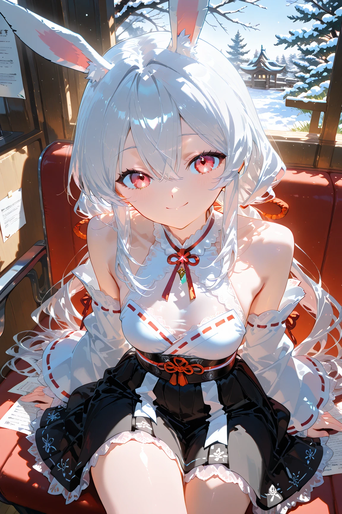 One cute girl Frostlea fArknights, white wavy hair, Red eyes, animal ears, I look at the viewer, embarrassed, blushing, tears, in room , girls bedroom, голубая bed, nice room, pink pajamas, pleated skirt , pink skirt, mini skirt, perfect waist, bed, sit on, spread your legs, atmosphere of the day, teddy bear hugs, hugging a teddy bear, White socks, kneeling pose