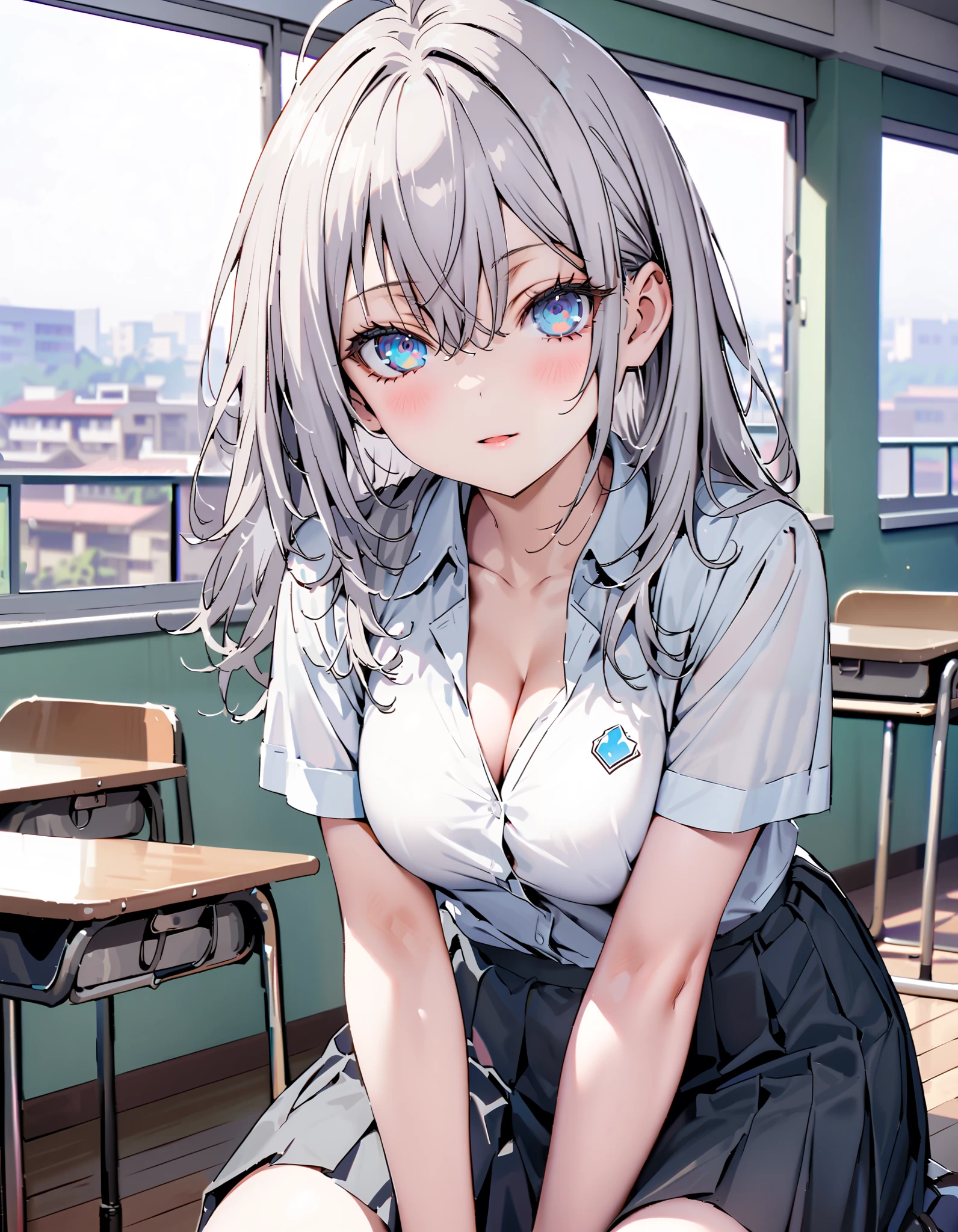 sysdeep_Arisa,stupid hair, Silver Hair, blue eyes,skirt, shirt,side hair Ribbon, school uniform, white shirt, Short sleeve, Big Breasts, cleavage, gal, collared shirt, sweater , white socks, black mini pleated skirt , loafers, for tomorrow, in the sun's nature,whole bodyがイラストに入るように, break indoors, classroom, break looking at viewer,whole body, break ( Masterpiece:1.2), highest quality , kampala, Unity 8k Wallpaper,(shape:0.8),( fine, beautiful eyes :1.6),It's a person ,whole body写真,CG Details , ( perfect hand, Complete Anatomy),