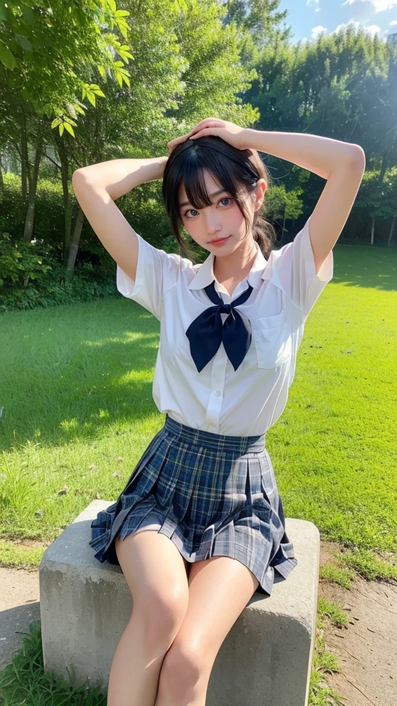 (absurdres:1.3), (highres:1.3), (ultra detailed:1.3),(1girl:1.3), (extremely detailed CG unity 8k wallpaper:1.3), (detailed skin texture, detailed cloth texture, detailed hair texture), (beautiful detailed face, supermodel, pale skin, realistic glistening skin), (RAW photo, best quality), (realistic, photo-realistic:1.4), masterpiece, extremely delicate and beautiful,Amazing, finely detail, extremely detailed CG unity 8k wallpaper, huge filesize, ultra-detailed, highres, absurdres, soft light,rim light, vibrant details, hotel room, straight hair, large breasts, black hair color, Big Natural Color Lip, (perfect body shape), beautiful legs, 20 years old, Beauty、Well-formed face、Make your eyes even、Large sagging eyes、Beautiful black hair、Has bangedium build、Well-balanced proportions、Arms wrapped around his back, hands tie behind back, Tartan plaid pleated skirt、Blue Short Sleeve Blouse、Beautiful scenery、(front view:1.3), Leaning against a large tree on the shore of a beautiful lake、