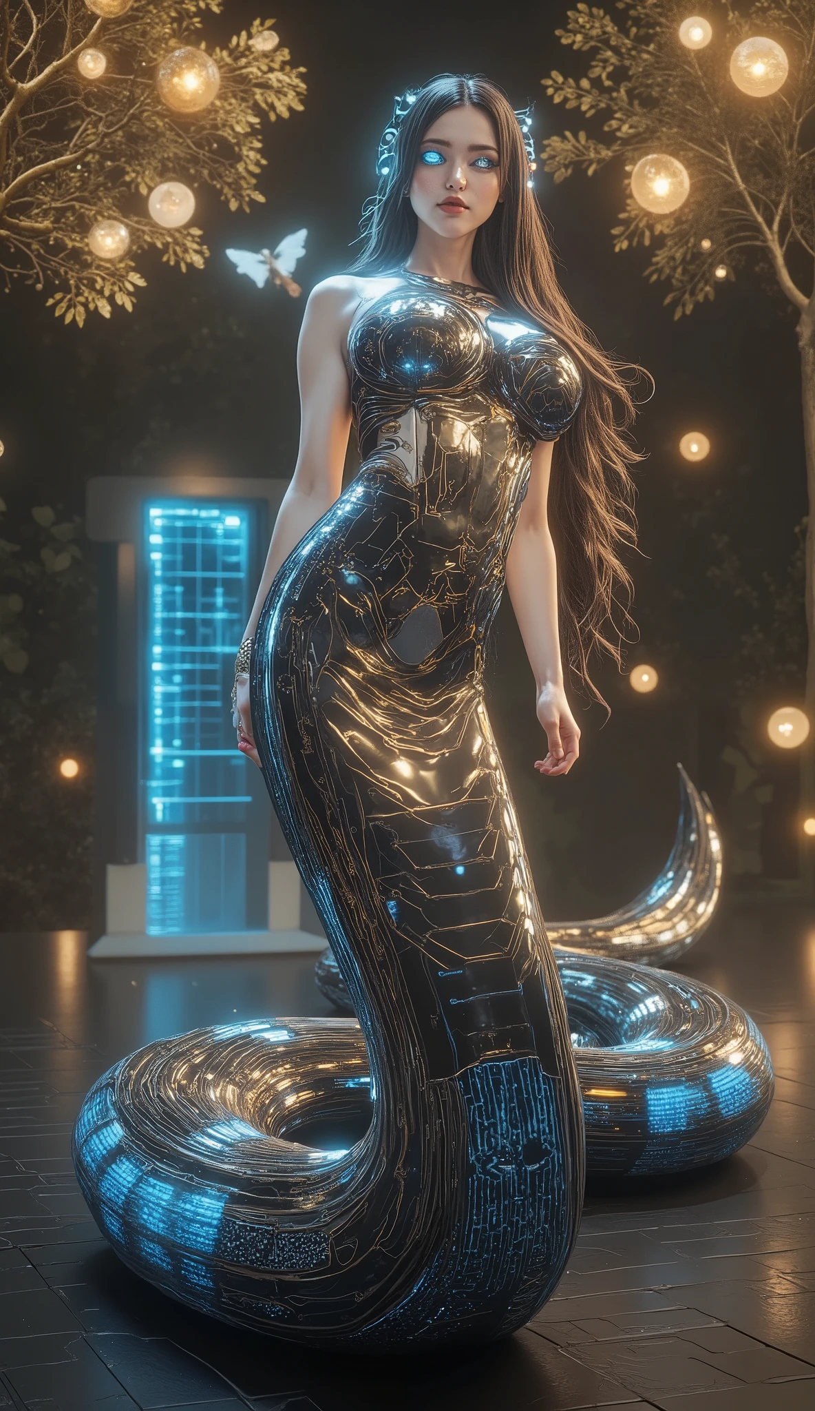 Imagine a striking snake woman whose appearance is an elegant fusion of ancient power and futuristic technology. Her upper body, with the grace of a goddess, is adorned with long, flowing hair that shimmers as if spun from threads of liquid chrome, catching the ambient glow of neon lights that flicker in the air. Her eyes gleam with an iridescent, electric blue glow, each pupil like a precise circuit, glowing with an inner pulse that hints at her connection to a hidden, technological energy source. Her lips, slightly curved into a calm yet enigmatic smile, exude wisdom, while the lines of her face suggest both serenity and an undercurrent of fierce intelligence.
Her lower body, a massive, coiling serpent, is where the true artistry lies. Her tail is long and fluid, weaving and spiraling with hypnotic motion, its scales a striking fusion of organic and cybernetic elements. They glisten in shades of obsidian black, radiant gold, and shimmering holographic silver, but with an intricate, digital pattern that shifts and pulsates across the scales like the flowing lines of advanced circuitry. Each segment of the serpent’s body is adorned with fine, glowing geometric symbols—like ancient runes encoded in a digital language—blurring the line between the organic and the mechanical.
She stands within a high-tech, enchanted forest, where the trees are both living and synthetic. Their metallic trunks reach skyward, with leaves that flutter like holographic projections, reflecting a cascade of iridescent colors. In the background, futuristic structures hover—transparent, geometric forms that flicker with energy and shift in and out of focus. The forest is alive, with floating orbs of light pulsing in synchronized patterns, filling the air with an ethereal glow that contrasts against the cold, technological elements of her surroundings.
﻿