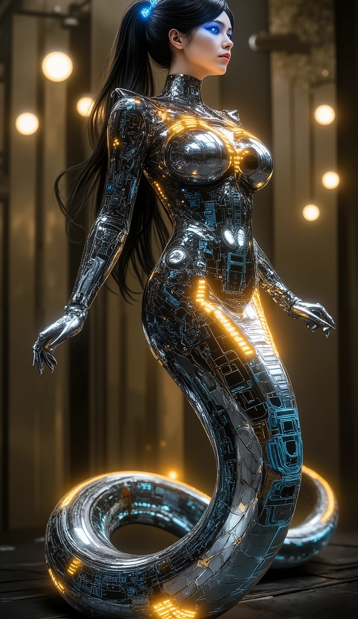 Imagine a striking snake woman whose appearance is an elegant fusion of ancient power and futuristic technology. Her upper body, with the grace of a goddess, is adorned with long, flowing hair that shimmers as if spun from threads of liquid chrome, catching the ambient glow of neon lights that flicker in the air. Her eyes gleam with an iridescent, electric blue glow, each pupil like a precise circuit, glowing with an inner pulse that hints at her connection to a hidden, technological energy source. Her lips, slightly curved into a calm yet enigmatic smile, exude wisdom, while the lines of her face suggest both serenity and an undercurrent of fierce intelligence.
Her lower body, a massive, coiling serpent, is where the true artistry lies. Her tail is long and fluid, weaving and spiraling with hypnotic motion, its scales a striking fusion of organic and cybernetic elements. They glisten in shades of obsidian black, radiant gold, and shimmering holographic silver, but with an intricate, digital pattern that shifts and pulsates across the scales like the flowing lines of advanced circuitry. Each segment of the serpent’s body is adorned with fine, glowing geometric symbols—like ancient runes encoded in a digital language—blurring the line between the organic and the mechanical.
She stands within a high-tech, enchanted forest, where the trees are both living and synthetic. Their metallic trunks reach skyward, with leaves that flutter like holographic projections, reflecting a cascade of iridescent colors. In the background, futuristic structures hover—transparent, geometric forms that flicker with energy and shift in and out of focus. The forest is alive, with floating orbs of light pulsing in synchronized patterns, filling the air with an ethereal glow that contrasts against the cold, technological elements of her surroundings.
﻿