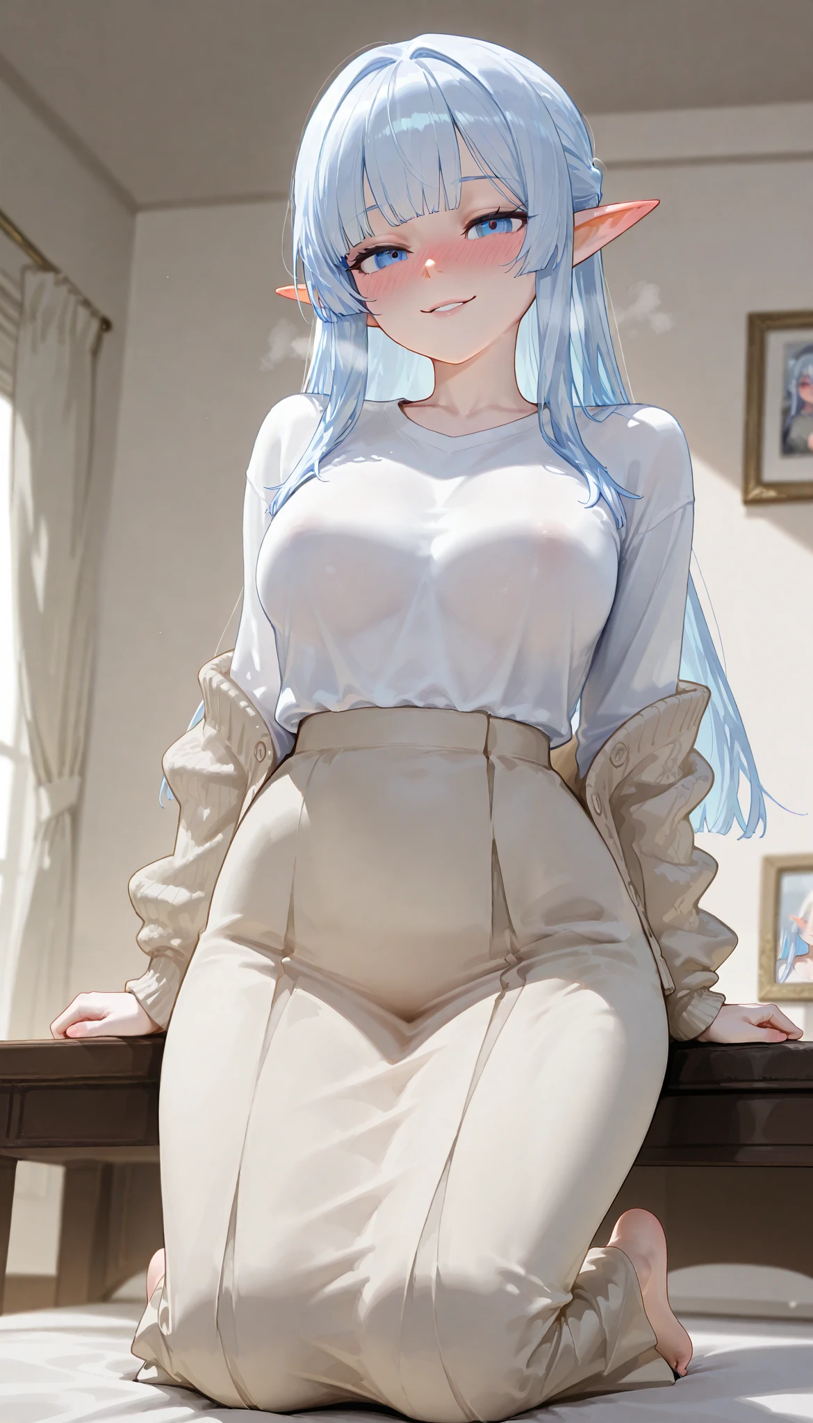 ( best quality), ( more), ( best picture ), (masterpiece), A beautiful and mature elf woman with a feminine body, perfect body ratio, very small hair , very small face, perfect anatomy , anatomically accurate, Ideal Proportion Body Proportion, Is in perfect shape , perfect style, Perfect balance, perfect anatomy , Delicate Facial Features , beautiful detailed women , VERY DETAILED eyes and face , Half updo, Realistic Facials , realistic beautiful face, realistic beautiful eyes, pale white skin with a pink tint, Vivid blue eyes , Thin lips, (Gradient from white to blue hair, hime cut, medium long hair), medium boobs, slender,(A tidy living room in a modern woman's stylish home.), charmed face, smile, ( beige thin cardigan, white long-sleeved polar t-shirt , Beige long skirt ), full-face blush. very skinny body type. Kneeling. The viewpoint is the viewer.