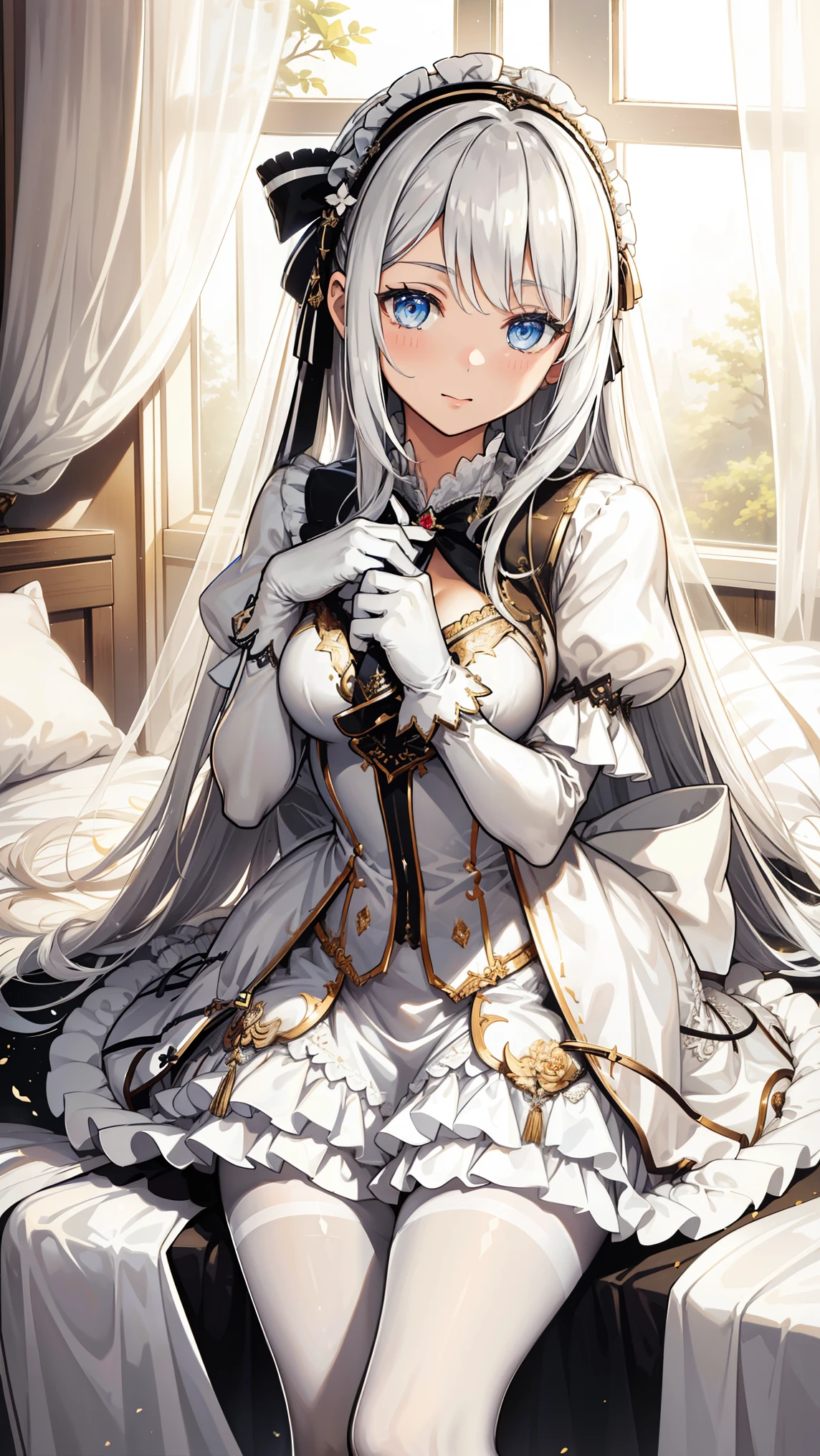  shakes ，Attractions， Have Fun ，in love，(Girl in a white modern shirt 、 tunic and pantyhose:1.2)，(  white ruffle bow gloves  )， silver hair ， golden eyes，Sacred headdress， transparent lace ，gorgeous dress ， alone，European bedroom，(night:1.1)，Delicate and beautiful face ，