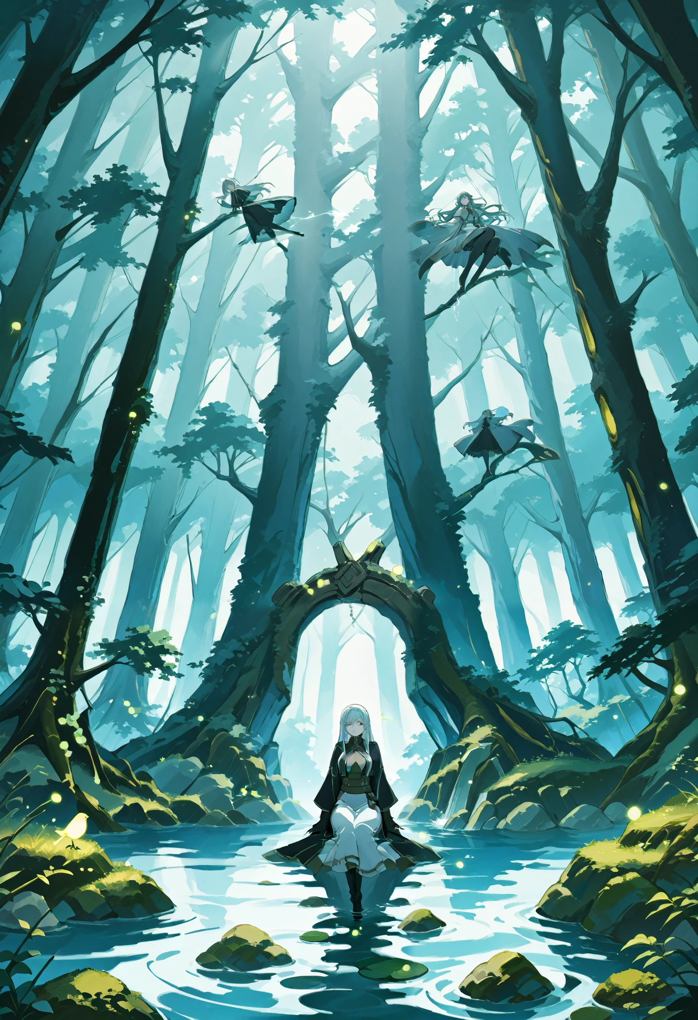 I find myself in the clearing of an ancient forest , where The light of dusk filters through the branches and caresses a pool of crystal clear water , as immovable and perfect as a forgotten mirror . In the center of the pond stands an ancient stone altar , polished over the centuries and marked by the inexorable passage of time . On him rests a sword chained : Your blade , forged in ice , shines with an icy glow that seems to challenge the warmth of the environment , while his handle , made of violet glass , emanates mystical flashes that hypnotize the view . floating above the altar , suspended in an ethereal dream , stands a translucent hexagonal prison . Inside this almost dreamlike structure , lies a being in a reclining position . With his body delicately lying down , his eyes and hair , of a penetrating ice blue , radiate an enigmatic calm . The creature seems immersed in a state of contemplation , as if it were keeping immemorial secrets or waiting for the moment of an awakening . The environment is charged with a deep silence , only interrupted by the soft murmur of the water and the flickering of fireflies dancing in the dark , projecting subtle flashes on the scene . Each element, the icy sword , the violet handle , , the solitary altar and the hexagonal prison it guards the being, are intertwined in a visual tale of mystery and magic., suspended in time , inviting you to discover a story of forgotten legends and unexplored destinations .