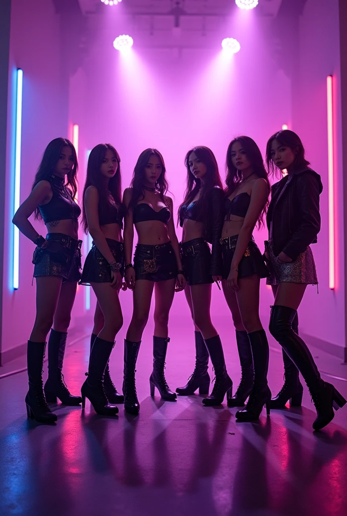 photoshoot of 6 member girlgroup with rocker concept for their album cover full with purple neon light, full collour costume