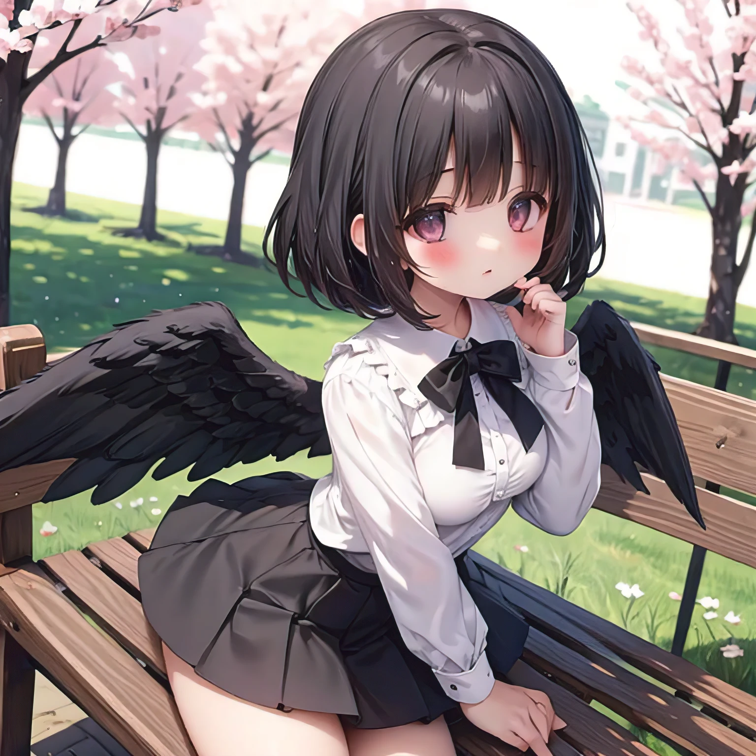 ( masterpiece) Pretty girl with straight black hair with white blouse in the center a heart and short skirt with black angel wings doing a tender pose in a cherry park