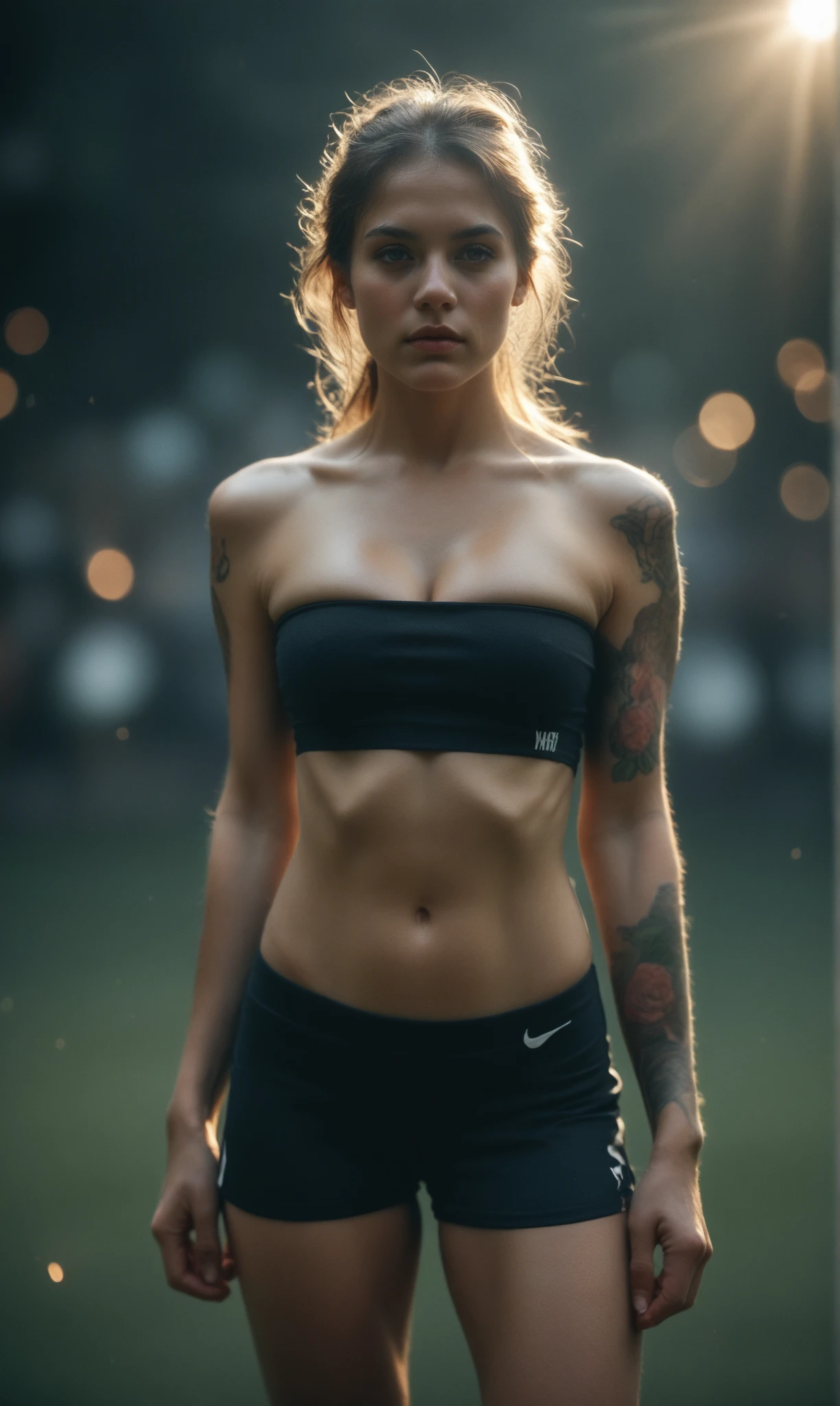 ((best quality: 1.5)) ((masterpiece)), intricate details, sharp focus, professional, ((detailed (((babe, ([flat chest:medium breasts:0.9], (soft pink sportsbra, white yoga pants, Asian)), blackout eye makeup: 0.8), straight hair [dark hair:blond hair:0.3], blowing, wind, sultry, shadows, natural lips, [clear skin:freckles:0.7], outdoors, faraway city park, bokeh, sunset)), professional lighting, photon mapping, radiosity, physically based rendering, ultra resolution, hyper-realistic)), photorealistic:1.4, hyper-realistic, 8K

