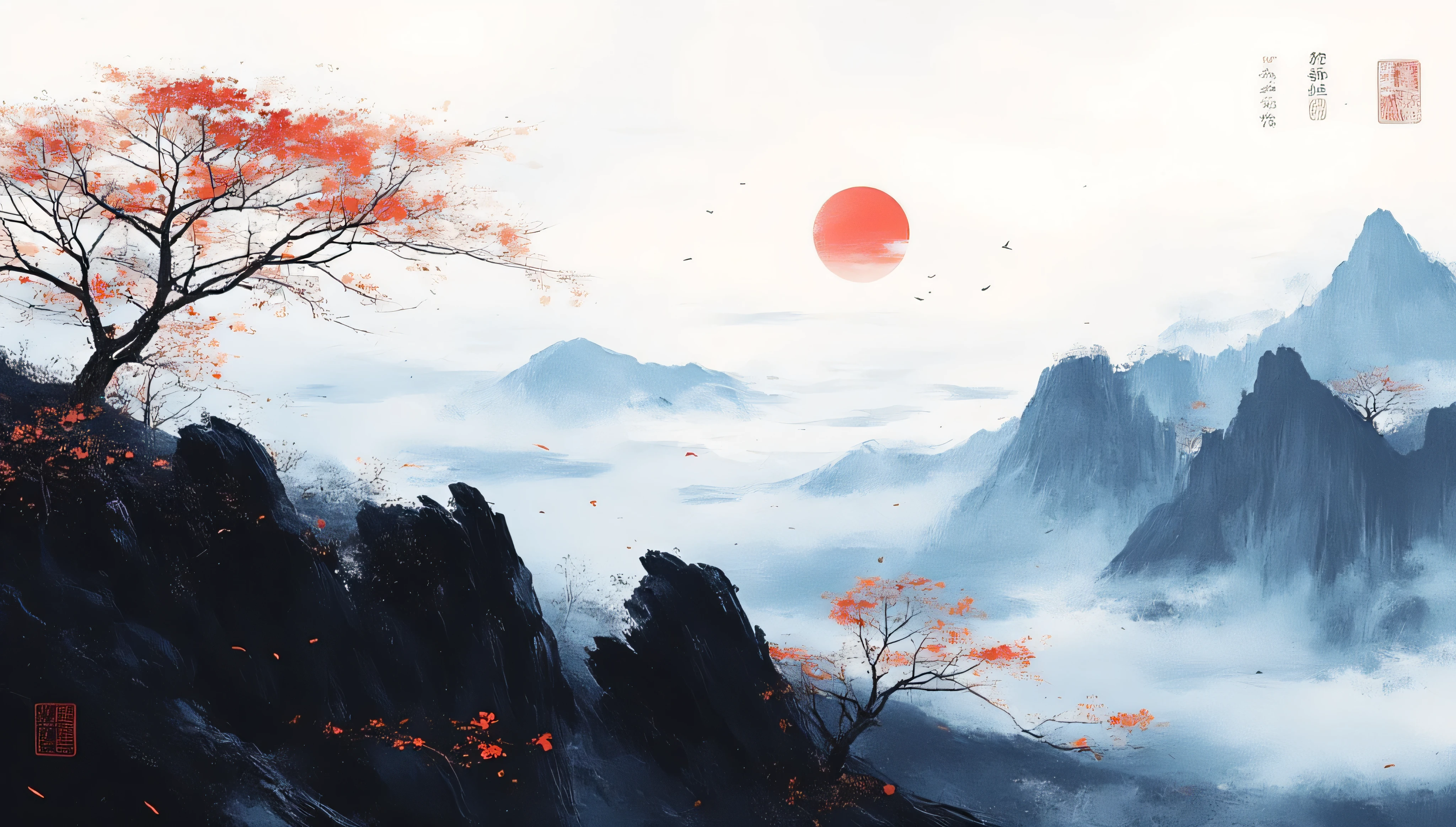 An abstract minimalist artwork inspired by East Asian ink wash painting. A tree with delicate branches and leaves is placed on a dark, jagged rocky landscape. The background features layered misty mountains , with a sun in the sky. The composition is serene, blending dramatic contrasts with soft gradients, and includes a sense of tranquility and balance. B