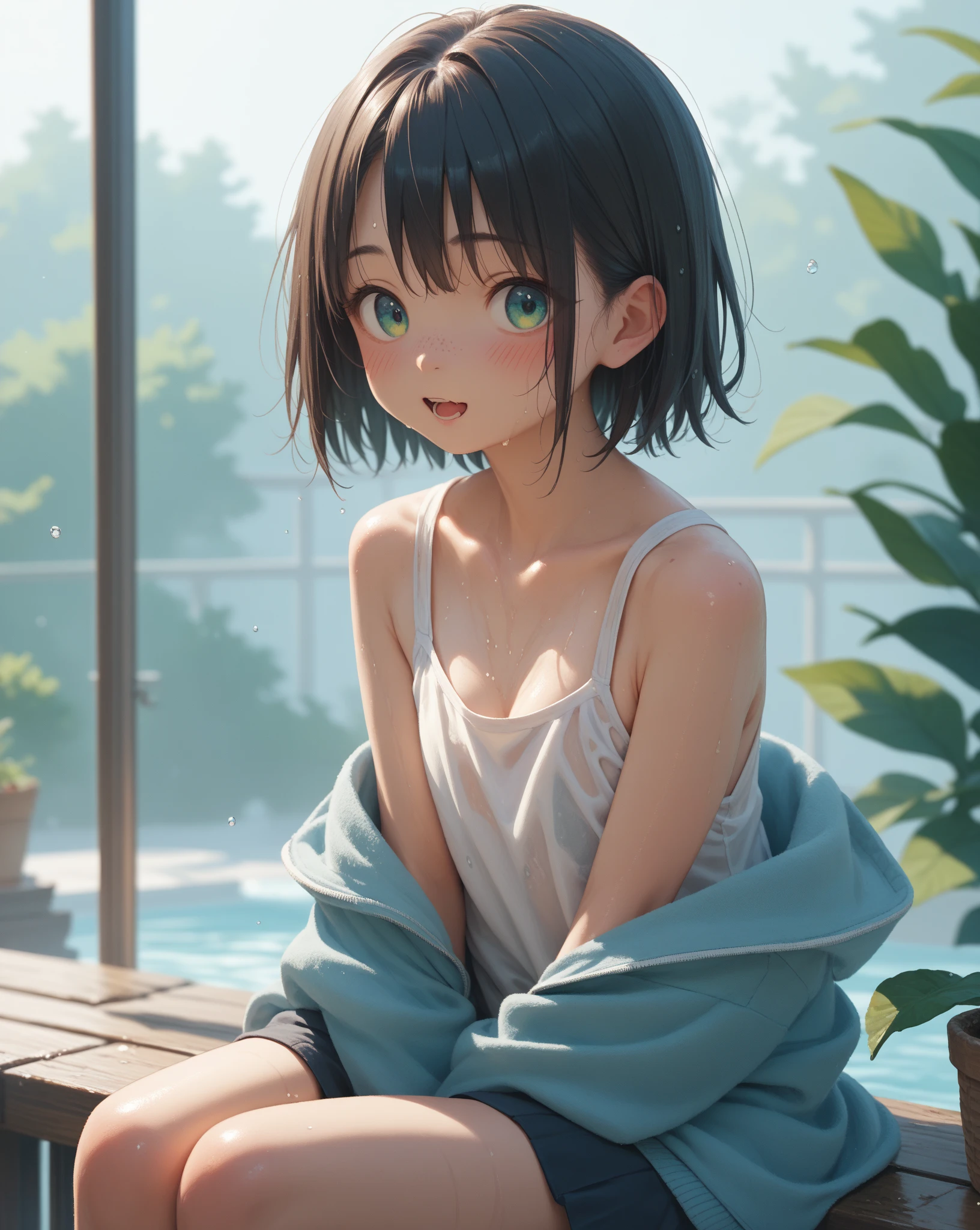 sauce_アニメ, ((score_9)),score_8_upper,score_7_upper,score_6_upper,score_5_upper,score_4_upper, girl1,, 10 years old, (masterpiece), (Highest quality), absurdes, Steam, BREAK, Human, Smooth Skin, (soak:1.5) hot spring, Fantasy, (nature:1.3), moon, Big moon, FOG, girl, smile, Flat Illustration, Close-upper, Partially submerged, Steam Censorship:1.2, blush, Wet Hair, Outdoor, masterpiece, Highest quality, 最High resolution, High resolution, complicated, Highest quality 32K resolution RAW photos taken with Canon EOS R3 (masterpiece, Highest quality), Outdoor, Garden, girl, Ayumi Yoshida, Small and cute girl, Small breasts, Small breasts, delicate, blue eyes, short hair, Brown Hair, bangs, hair band, Very detailed, masterpiece, Highest quality, short blonde, Maroon mouth, 地upperで, Looking at the audience, 見upperげる, close, Cute white camisole, Medium Chest, (blush:1.1), Leaning forward, Cowboy Shot, Front view, Shining moon, From below
