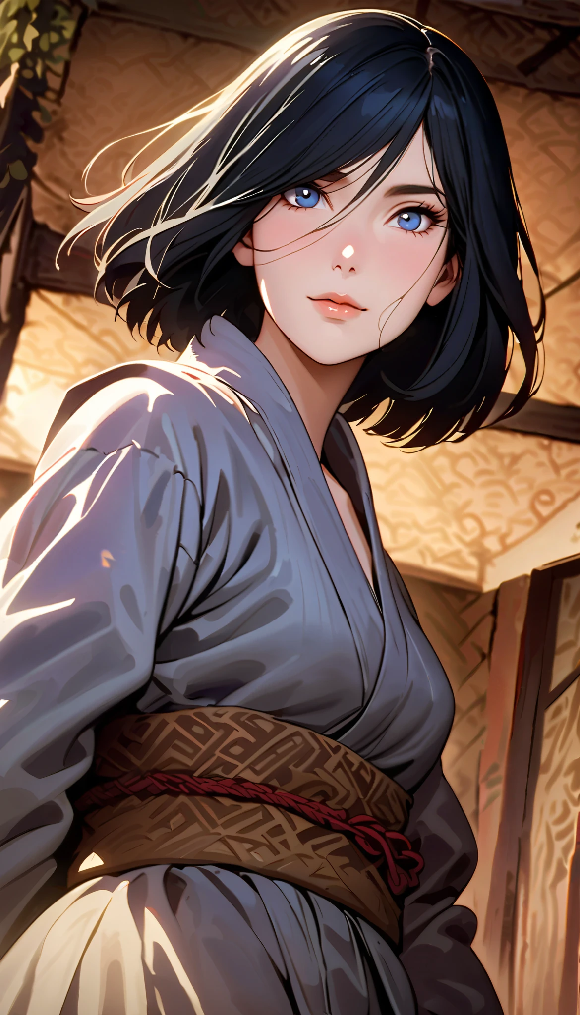 vintage movie, girl, short hair, navy hair, straight hair, woman body, dutch angle, hyuga clan, shinobi village, konohagakure, ((closed mouth)), smilling, ((perfect eyes)), ((solo)), ((perfect lips))
