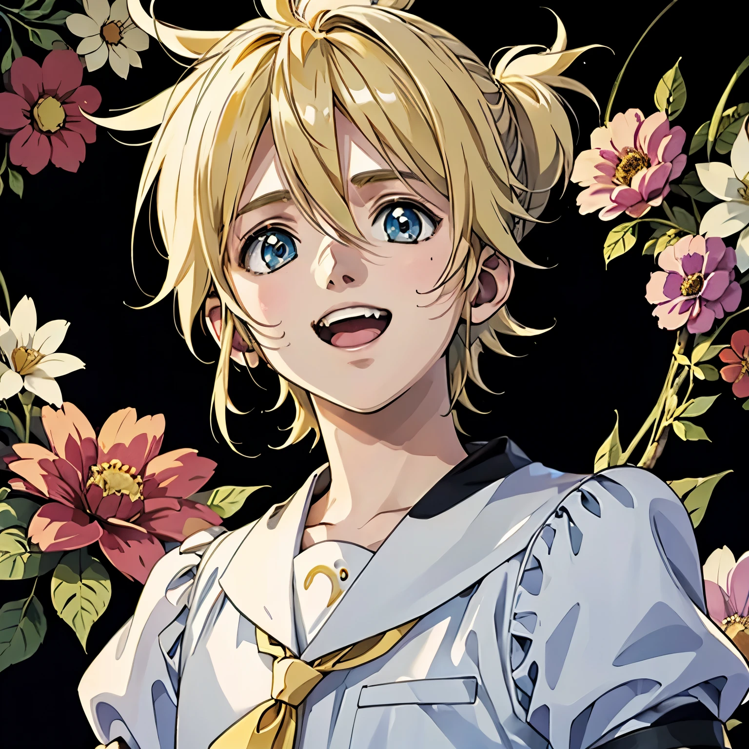 Kagamine Len, high resolution, staring at God , Brush, smile, open your mouth , highest quality, floral background