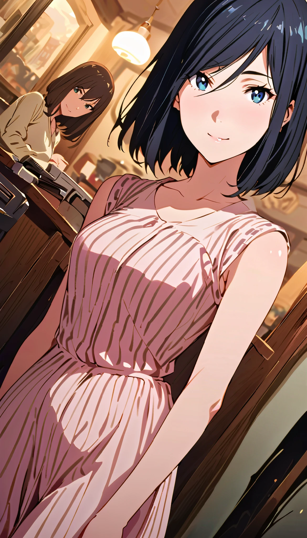 vintage movie, girl, short hair, navy hair, straight hair, woman body, dutch angle, izumi nase, hyper-detailed, perfect eyes, cute smile