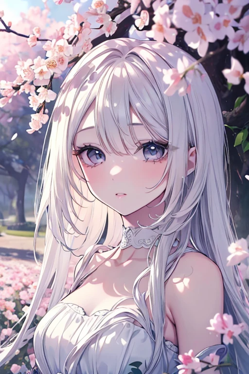 ((best quality)), ((masterpiece)), (detailed), perfect face. Asian girl. White hair. Pink eyes. Off shoulder. Garden. Cleavage.