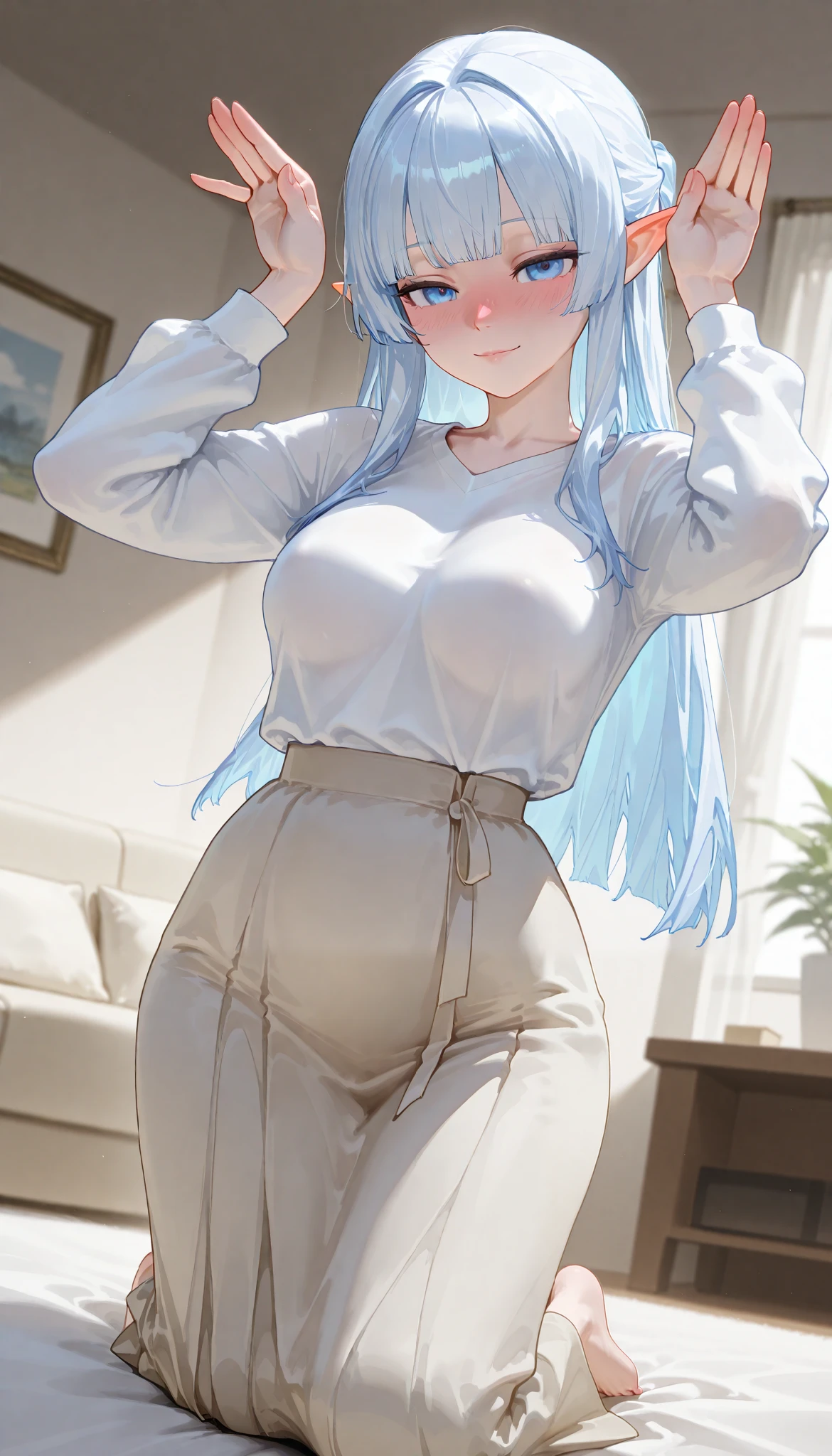 ( best quality), ( more), ( best picture ), (masterpiece), A beautiful and mature elf woman with a feminine body, perfect body ratio, very small hair , very small face, perfect anatomy , anatomically accurate, Ideal Proportion Body Proportion, Is in perfect shape , perfect style, Perfect balance, Delicate Facial Features , beautiful detailed women , VERY DETAILED eyes and face , Half updo, Realistic Facials , realistic beautiful face, realistic beautiful eyes, pale white skin with a pink tint, Vivid blue eyes , Thin lips, (Gradient from white to blue hair, hime cut, medium long hair), medium boobs, slender,(A tidy living room in a modern woman's stylish home.), charmed face, light smile, ( beige thin cardigan, white long-sleeved polar t-shirt , Beige long skirt ), full-face blush. very skinny body type. Kneeling. The viewpoint is the viewer. bunny pose.