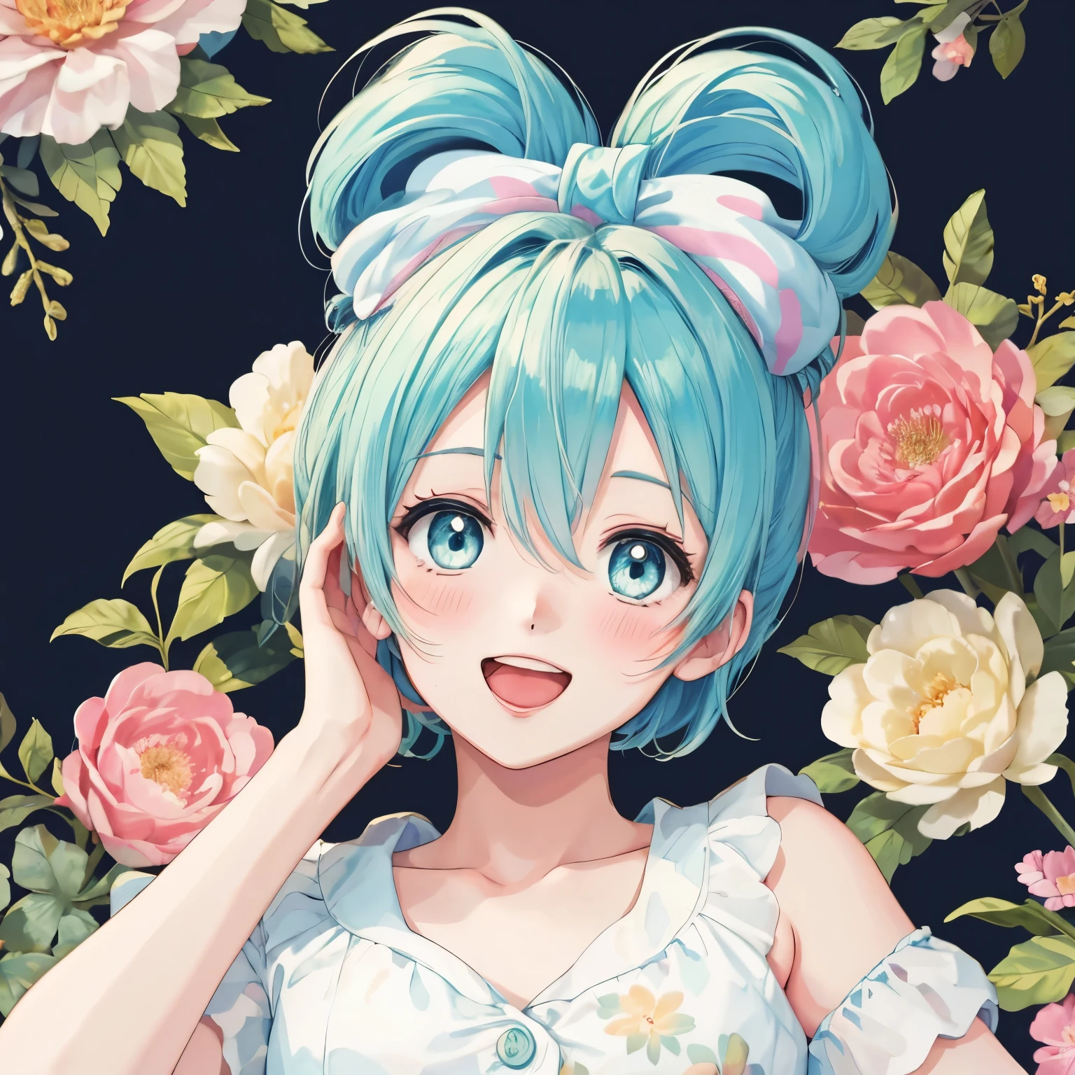 Cinnamic, short hair, upper body, pose , floral background , high resolution, smiles, blushes, gaze to God, highest quality, Open your mouth slightly