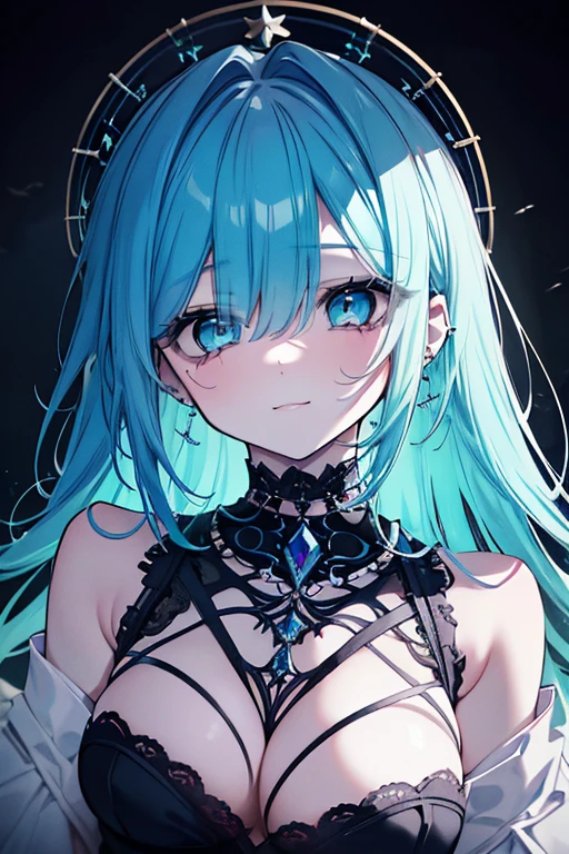 masterpiece, Highest quality, Very detailed, figure,(One girl),Beautiful attention to detail, View your viewers, (Holding a computer keyboard), Happy, (Turquoise Hair:1), (Blue round eyes:1), (Round earrings), (turquoise large gemstone necklace), Cute round face, Long Hair, smile, Fantasy Chinese Clothing