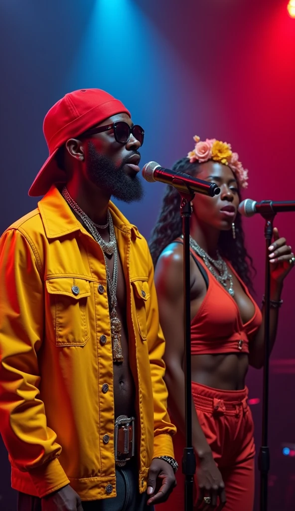 Afro Man and woman in rockstar outfits singing on stage with the word Tj Purple boldly written on the Background.