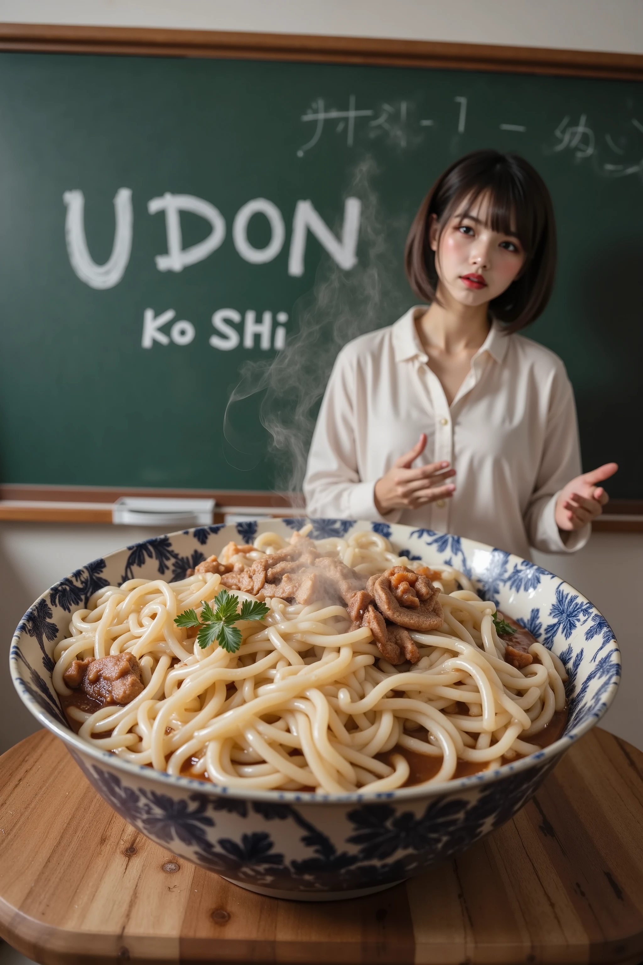 A girl teacher and students giving a lecture in a lecture room, a lecture about udon, a picture of a extreme huge bowl of gorgeous udon,The udon noodles are steaming in a very realistic depiction,the large word "Udon" and small word “Ko Shi” written in chalk on the blackboard,a teacher giving a passionate speech,dynamic angle shot