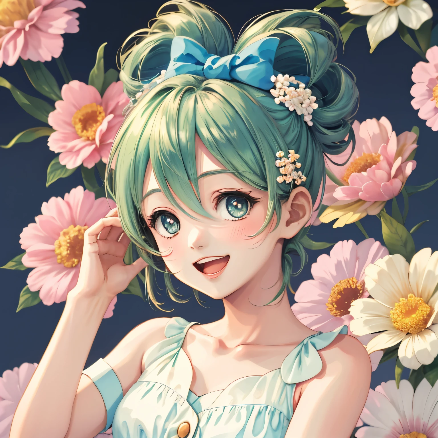 Cinnamic,   short hair,   upper body,   pose  ,   floral background  , Hi-Res,  smiles,  blushes,  gaze to God,   highest quality,  Open your mouth slightly