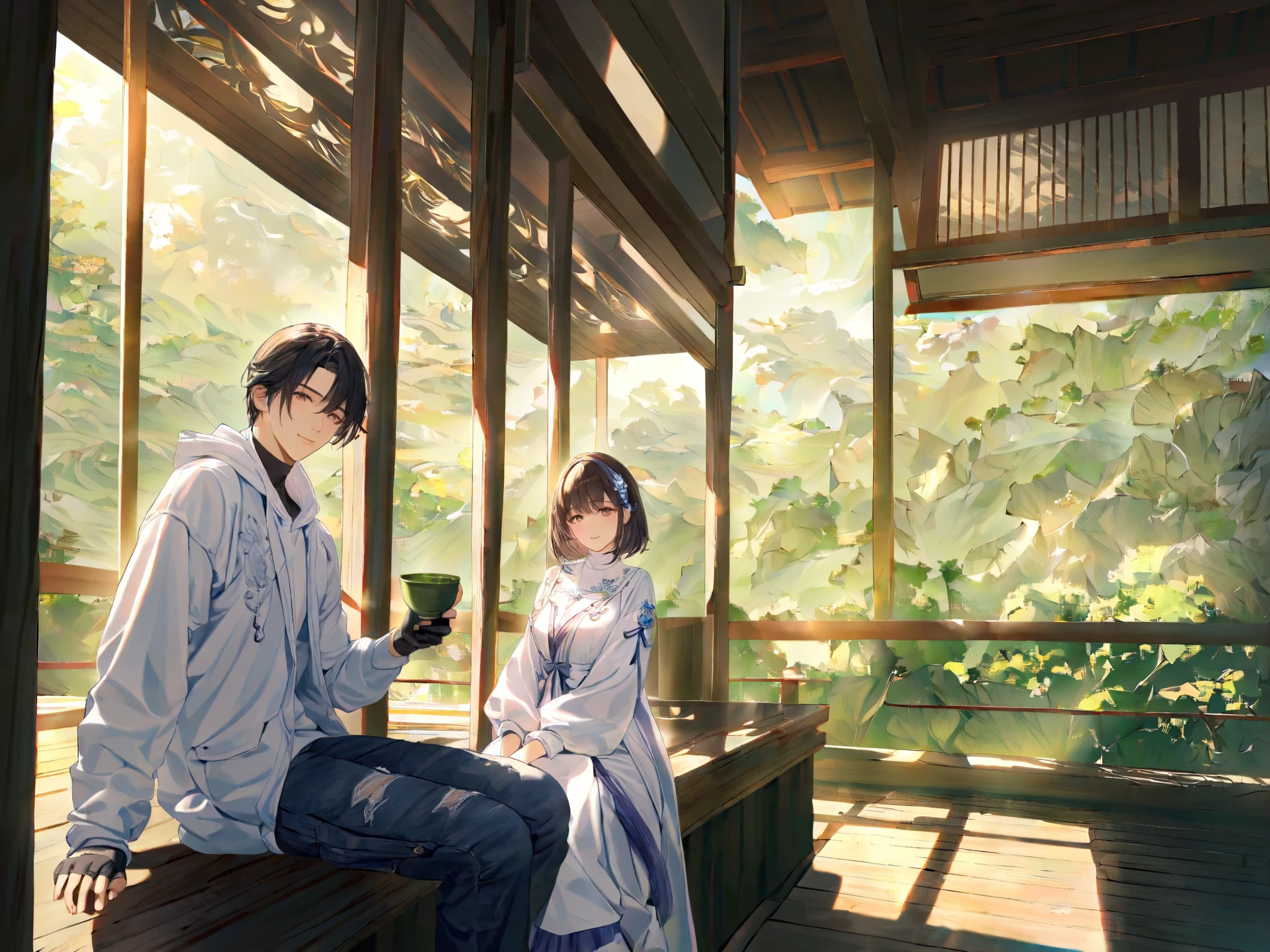 at Very beautiful midday, (very beautiful moon\(realistic,large,shining brightly\)). BREAK .at Japanese porch, (1couple:1.3) drinking green tea by japanese teacup, 1girl\(fine dark hair,short hair, (Haruna), soft kind smile, silky turtleneck dress with beautiful embroidery\). BREAK . 1boy\(dark hair,Asuka ,adult,white hoodie, blue jean jacket ,black fingerless driver's gloves, tattered jean pants\). BREAK . quality\(masterpiece, best quality, very aesthetic, high resolution, ultra-detailed, absurdres, newest, scenery, depth of field, high score, great score, fairytale, dreamlike\)