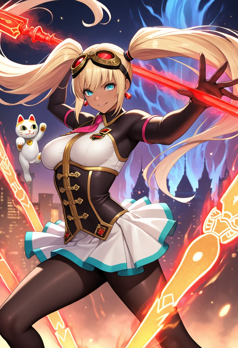 ultra-detailed, Explicit, Beautiful body, Beautiful Nose, Beautiful character design, perfect eyes, perfect face, ultra highres, 4K, beautiful legs, perfect legs, Nice hands, Perfect hand, Masterpiece, Best Quality, Highly detailed, illustration, absurdres, street fighter, doll suit, shadaloo doll, dollsuit, expressionless, blank eyes, looking at viewer, red gloves, emotionless, black latex, corrution, mind control, female combatant, full body, hypnotized, unhappy trance, full body suit, ribbed bodysuit, both arms at side, obey, perfect female body, extremely glossy latex, hypnosis, hypnoLora, empty eyes, Mind control device, poses, submissive_pose, Slave, hat, necktie, stand up straight, standing, standing at attention, hat, necktie, belt, latex, ribbed bodysuit, thighhighs, garter belt, Fighting Stance, extending the right arm from the shoulder into the air with a straightened hand, nazi saluting, military, military saluting, salute, thigh boots, Yu-Gi-Oh!, 1girl, solo, green eyes, fox ears, blonde hair, tail, Hu-Li the Jewel Mikanko