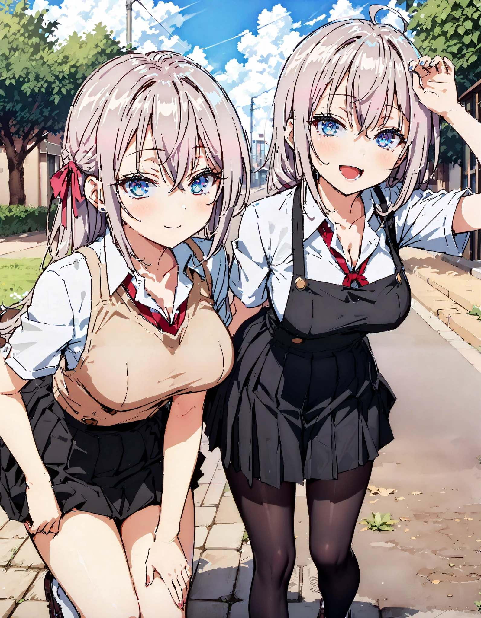 sysdeep_Arisa,stupid hair, Silver Hair, blue eyes,skirt, shirt,side hair Ribbon,smile,blush, open your mouth, school uniform, white shirt, Short sleeve, Big Breasts, cleavage, gal, collared shirt, sweater , white socks, black mini pleated skirt , rib tights , black pantyhose, loafers, for tomorrow, in the sun's nature,whole bodyがイラストに入るように,
break outdoors,Around town,, break looking at viewer,whole body, break ( Masterpiece:1.2), highest quality , kampala, Unity 8k Wallpaper,(shape:0.8),( fine, beautiful eyes :1.6),It's a person ,whole body写真,CG Details , ( perfect hand, Complete Anatomy),