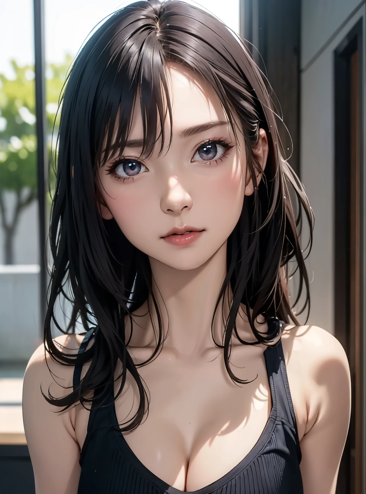 best quality, ultra high res, (((Very detailed face)))), ((Very detailed eyes and face)))), Beautiful detail eyes, (photorealistic:1.4), 1girl, crop-top shirt, black choker, (faded ash gray hair:1), (big breasts:1.2),full body portrait, looking at viewer, closeup ,