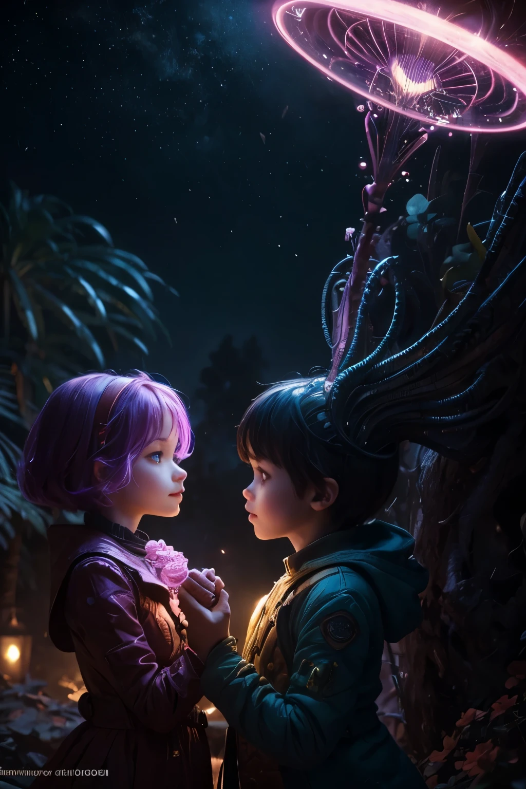 a couple of strange aliens celebrating valentine's day, highly detailed character design, vibrant colors, romantic atmosphere, surreal and whimsical environment, cinematic lighting, (best quality,8k,highres,masterpiece:1.2),ultra-detailed,(realistic,photorealistic,photo-realistic:1.37),cinematic lighting,dramatic shadows,glowing energy aura,intricate details,dynamic composition,warm color palette,romantic mood