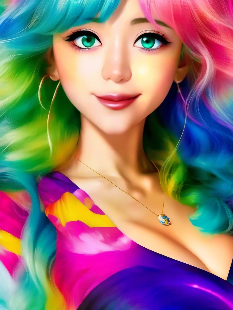 Colorful beautiful girl: a girl 28-years old, messy hair, oil painting, 8k resolution, complex, elegant, expansive, fantastical, wavy hair, vibrant, rainbow colours