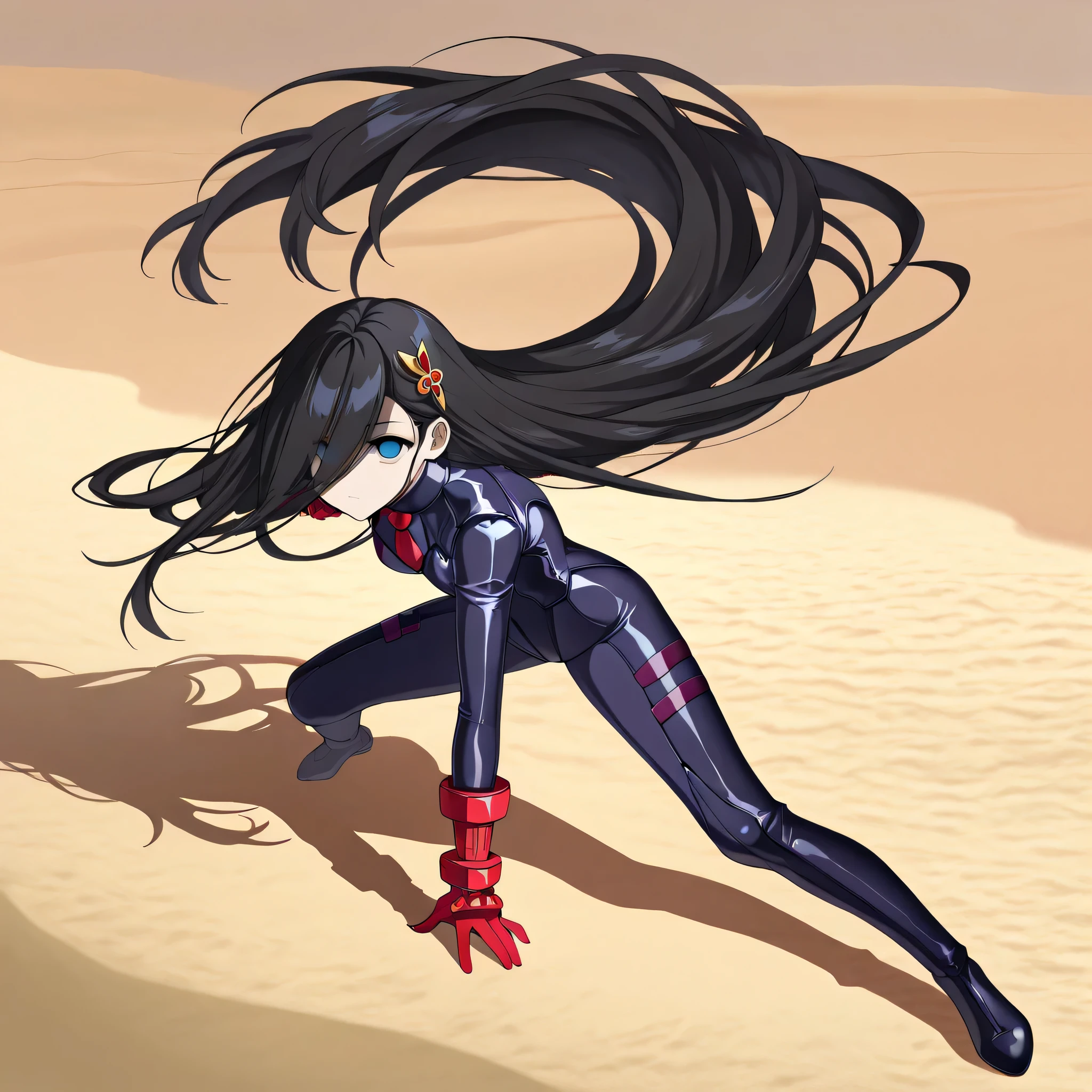 anime, (masterpiece), (best quality), (ultra-detailed), (best illustration), (best shadow), (absurdres), (detailed background), (very aesthetic), shiny, detailed beautiful eyes, outstanding, countershading, detailed soft lighting, an exquisite animation illustration, 1girl, solo, anheang, (((Dollsuit))), thighthigh, dark persona, empty eyes, expressionless, blank eyes, looking at viewer, red gloves, full body, emotionless, Fighting Stance, hair ornament, small breast, natsukohirose, blue eyes, black hair, long hair, very long hair, hair over face, (((sand background, desert background)))