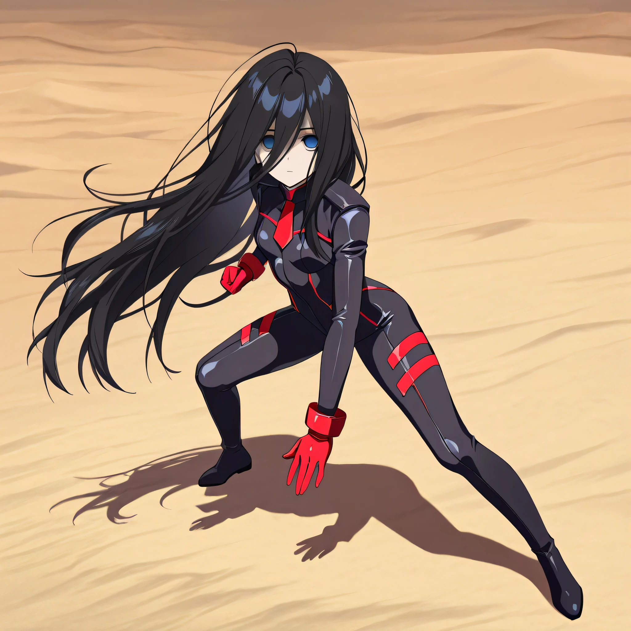 anime, (masterpiece), (best quality), (ultra-detailed), (best illustration), (best shadow), (absurdres), (detailed background), (very aesthetic), shiny, detailed beautiful eyes, outstanding, countershading, detailed soft lighting, an exquisite animation illustration, 1girl, solo, anheang, (((Dollsuit))), thighthigh, dark persona, empty eyes, expressionless, blank eyes, looking at viewer, red gloves, full body, emotionless, Fighting Stance, hair ornament, small breast, natsukohirose, blue eyes, black hair, long hair, very long hair, hair over face, (((sand background, desert background)))