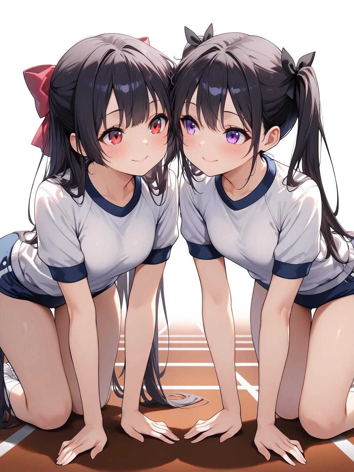 1 girl,Androgynous,two side up,big breast,black hair,red eyes,medium hair,sidelocks,Multicolored eyes,school,Gym Uniformgym shirt,masterpiece, best quality, very aesthetic, absurdres,(knees up),(crotch),(tight skin),straight-on,(foot focus),(spats)