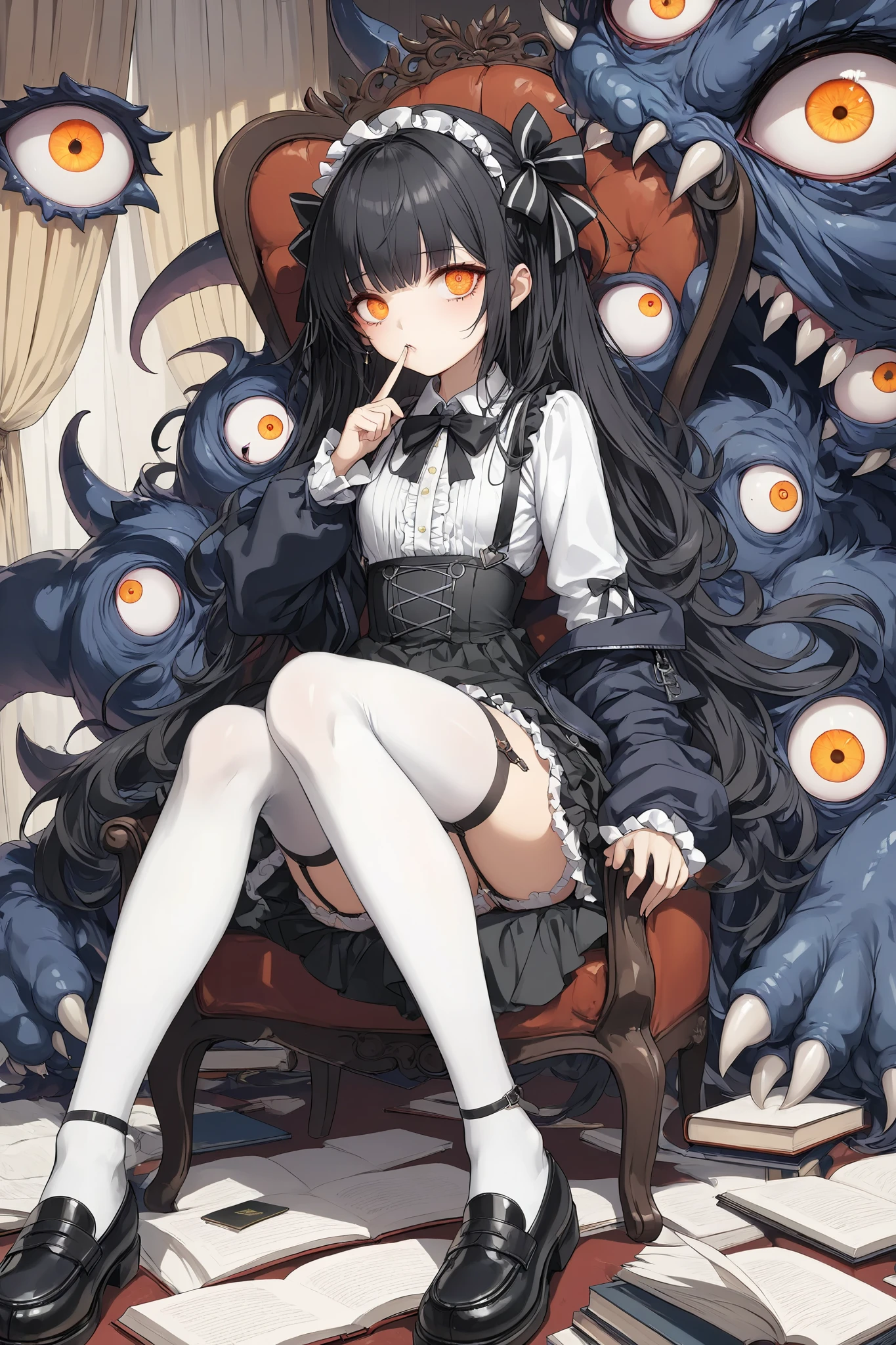 best quality, highly detailed, masterpiece, ultra-detailed, illustration, 1girl , full body, incredibly absurdres, wallpaper, artbook, real, indoor, chair, curtain, book, , queen, black hair, long hair, bangs, orange eyes, small breasts, white silk stocking, collared shirt , gothic loliloafers, garter straps, thighhighs, hair bow, crazy, sitting, shushing, crossed legs,(((( A monster with countless eyes lying at its feet)))),
