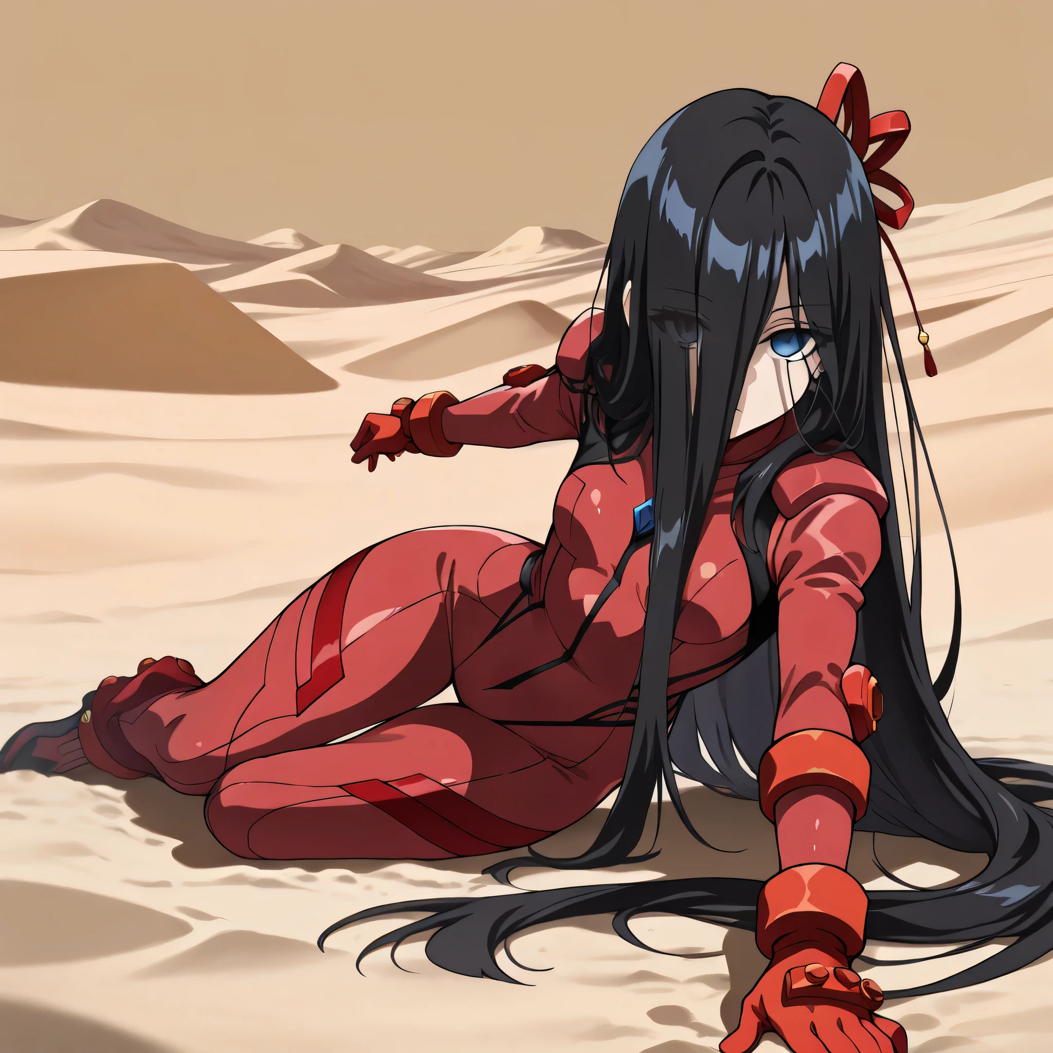 anime, (masterpiece), (best quality), (ultra-detailed), (best illustration), (best shadow), (absurdres), (detailed background), (very aesthetic), shiny, detailed beautiful eyes, outstanding, countershading, detailed soft lighting, an exquisite animation illustration, 1girl, solo, anheang, (((Dollsuit))), thighthigh, dark persona, empty eyes, expressionless, blank eyes, looking at viewer, red gloves, full body, emotionless, Fighting Stance, hair ornament, small breast, natsukohirose, black hair, blue eyes, long hair, very long hair, (hair over face), (((sand background, desert background, seductive pose, submissive pose, lying down on sand)))