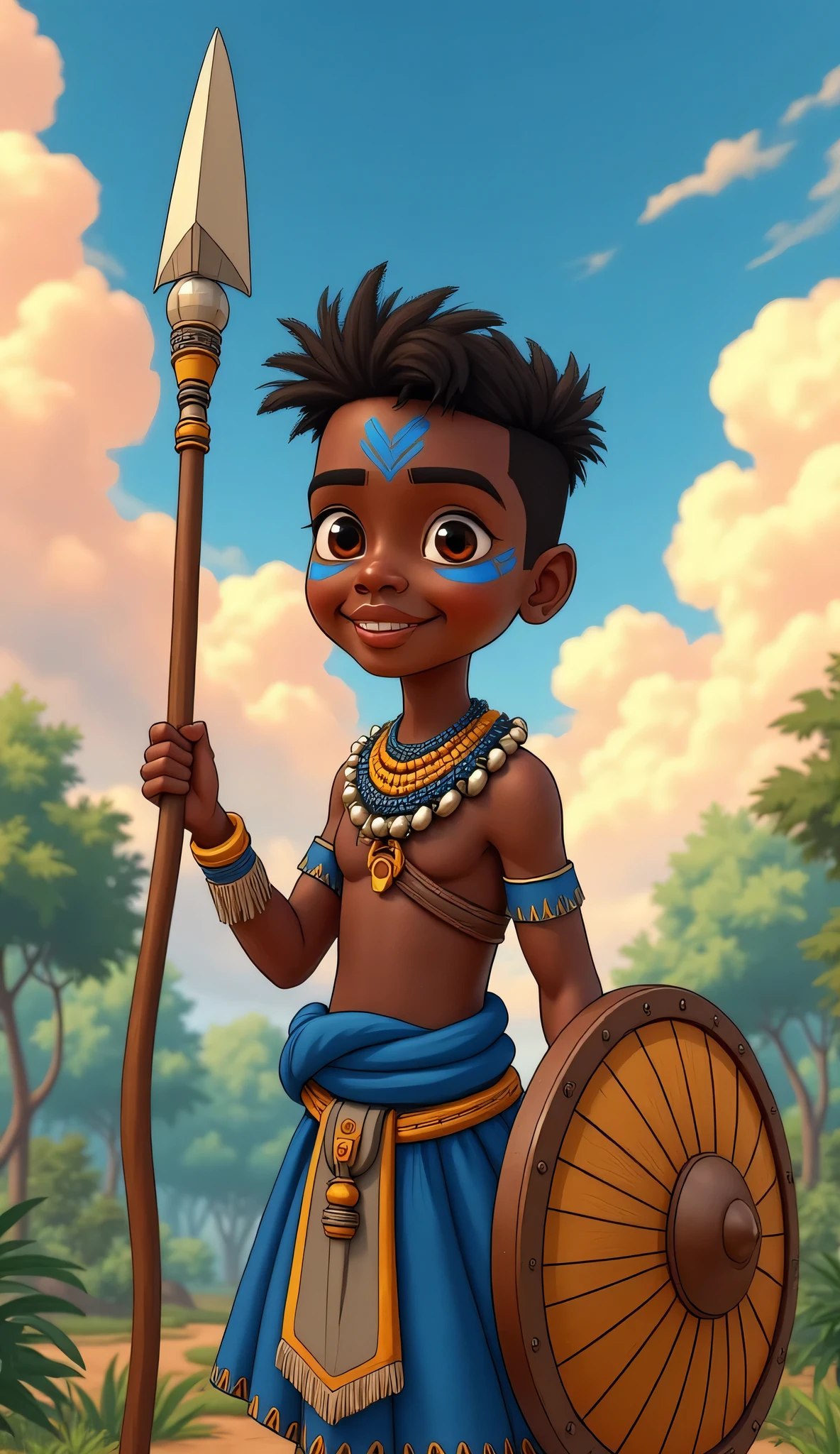 a 7 year old african boy with heavy big lower lips, detailed lower lips, round nose, amber eyes, black skin, long black dreadlocks hair, wearing a short leopard loincloth, holding a spear, in a savanna background, tribal, cute, detailed skin texture
