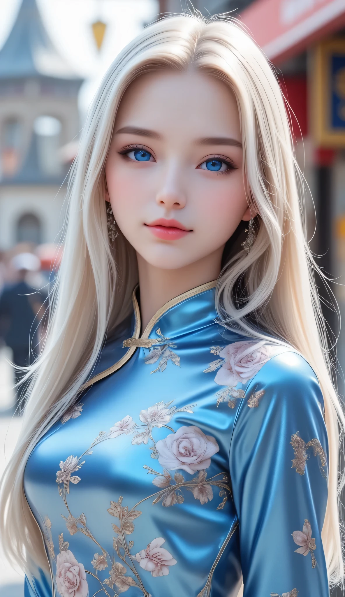 (super cute young face:1.5),
very beautiful cute french girl,
(:1.4),
(clear blue eyes:1.1),
exquisite smooth and silky long blonde straight hair,
fair skin,(happy cheerful smile),
professional photograph ,
Super shiny metallic blue gorgeous vivid colored long sleeves cheongsam, 
flowers pattern design cheongsam, 
happy cheerful smile,
narrow waist,
in the street,
(very thin makeup),
full body shot 